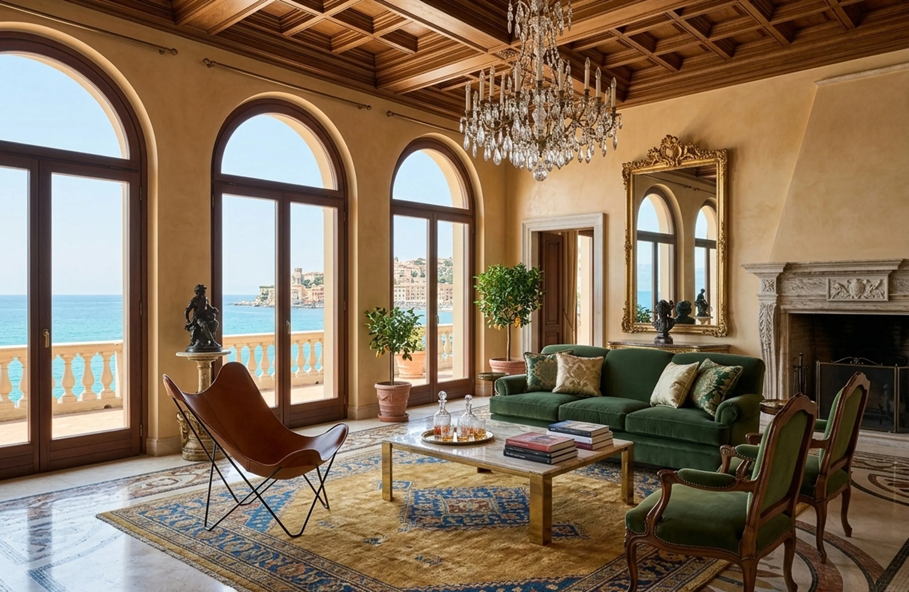 Antique BKF armchair in a stylish living room with a seaside view, surrounded by greenery and decor.