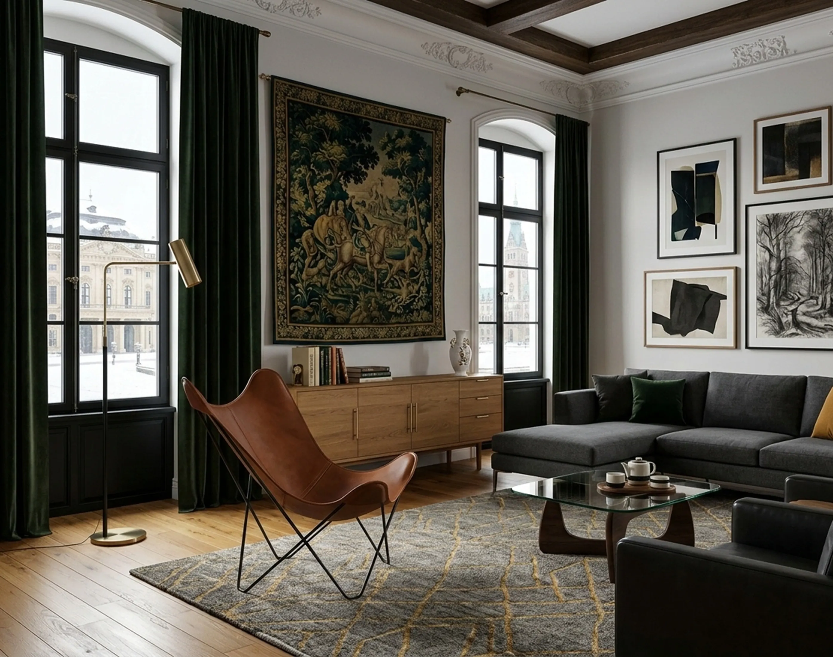 Sillón antiguo BKF con un diseño curvo en un salón elegante con arte moderno