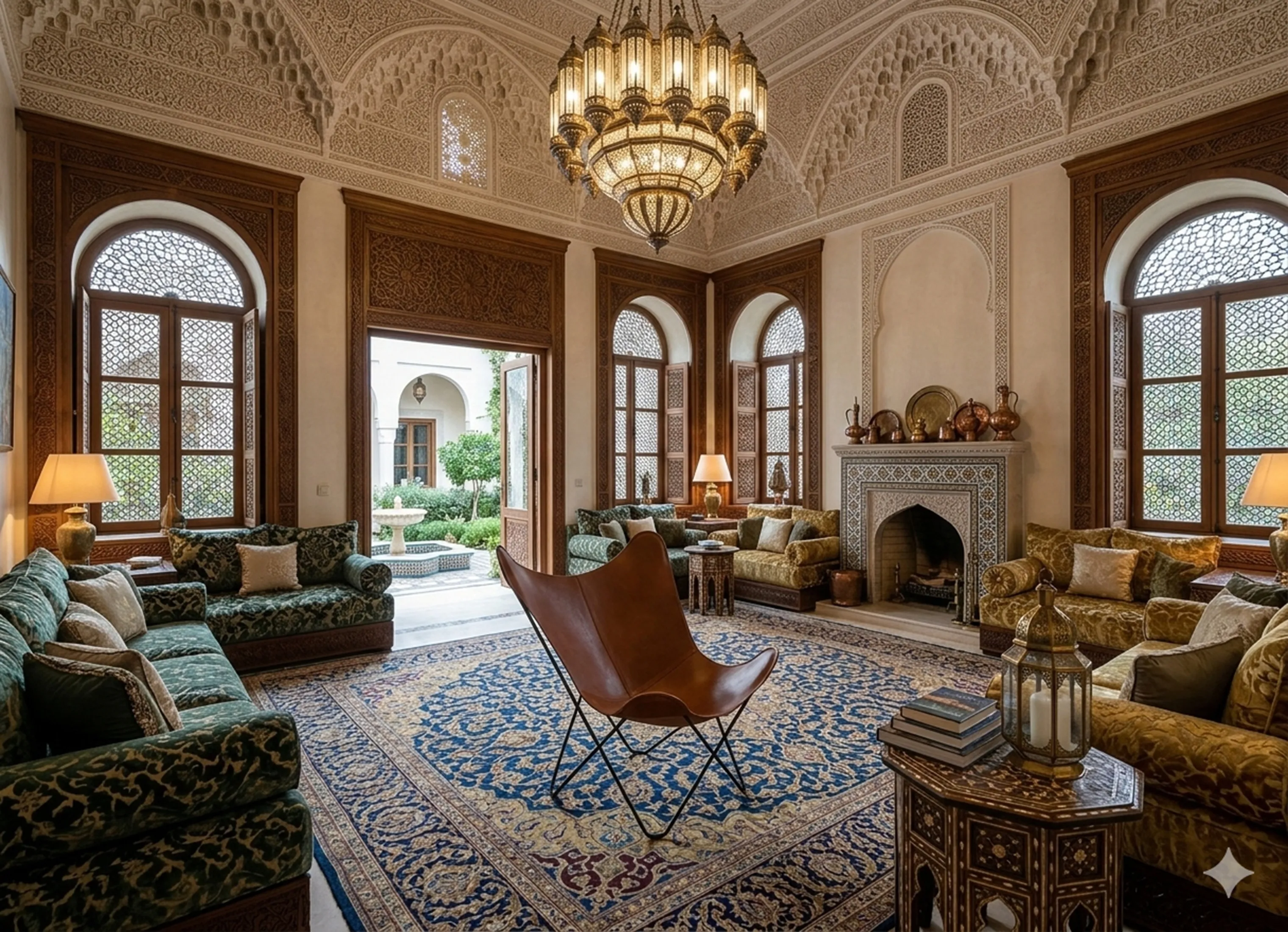 antique BKF armchair in an elegant living room with lamp and sofas.