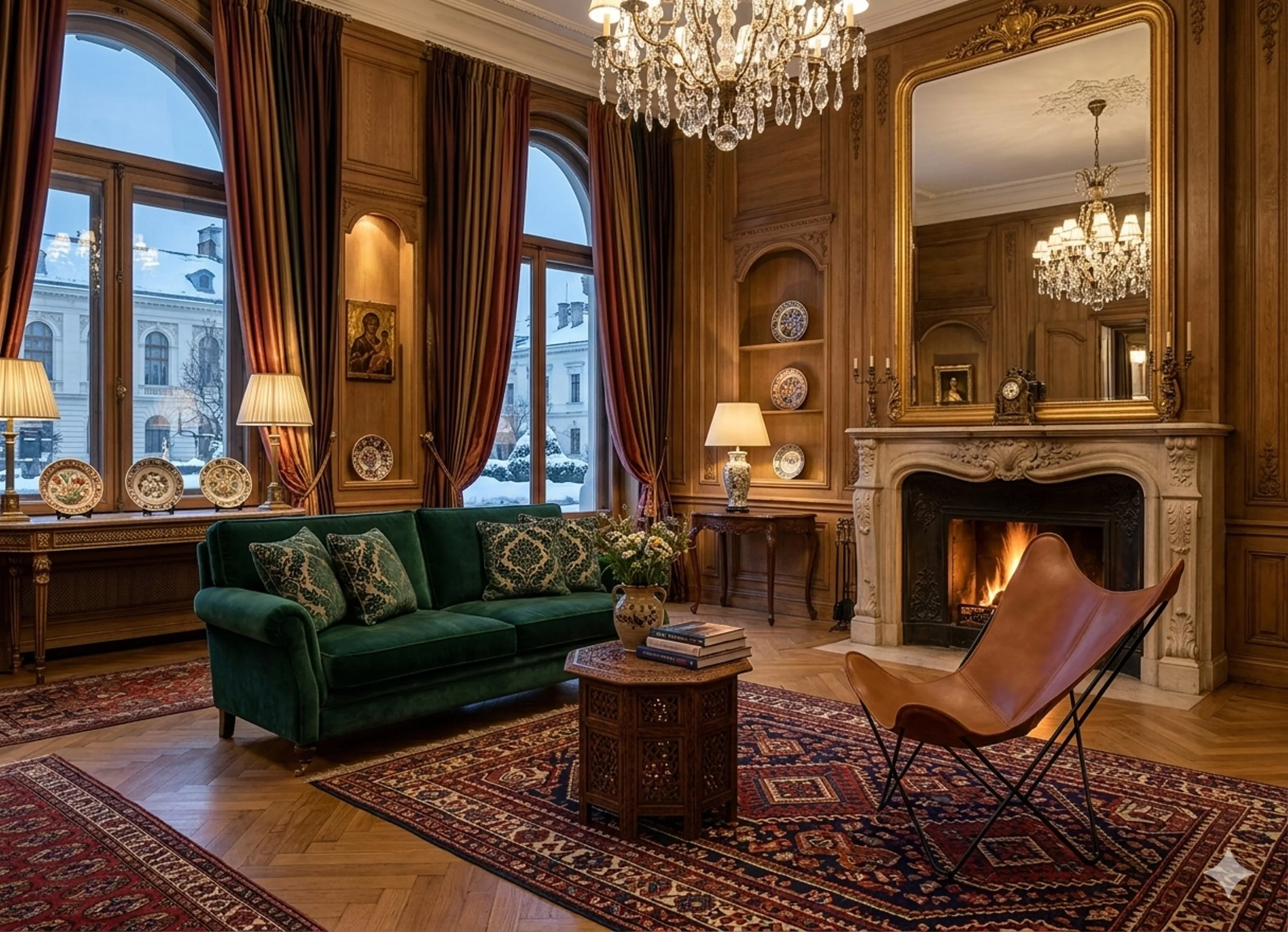 고풍스러운안락의자 (BKF)가 아늑한 환경에 있으며, 주위에는 세련된 요소들이 있습니다.