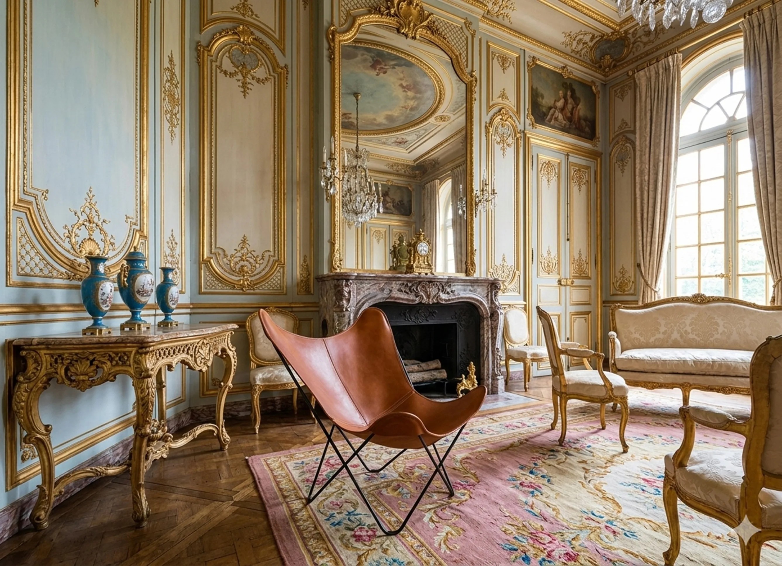 Poltrona antiga BKF em um ambiente luxuoso com decoração dourada.