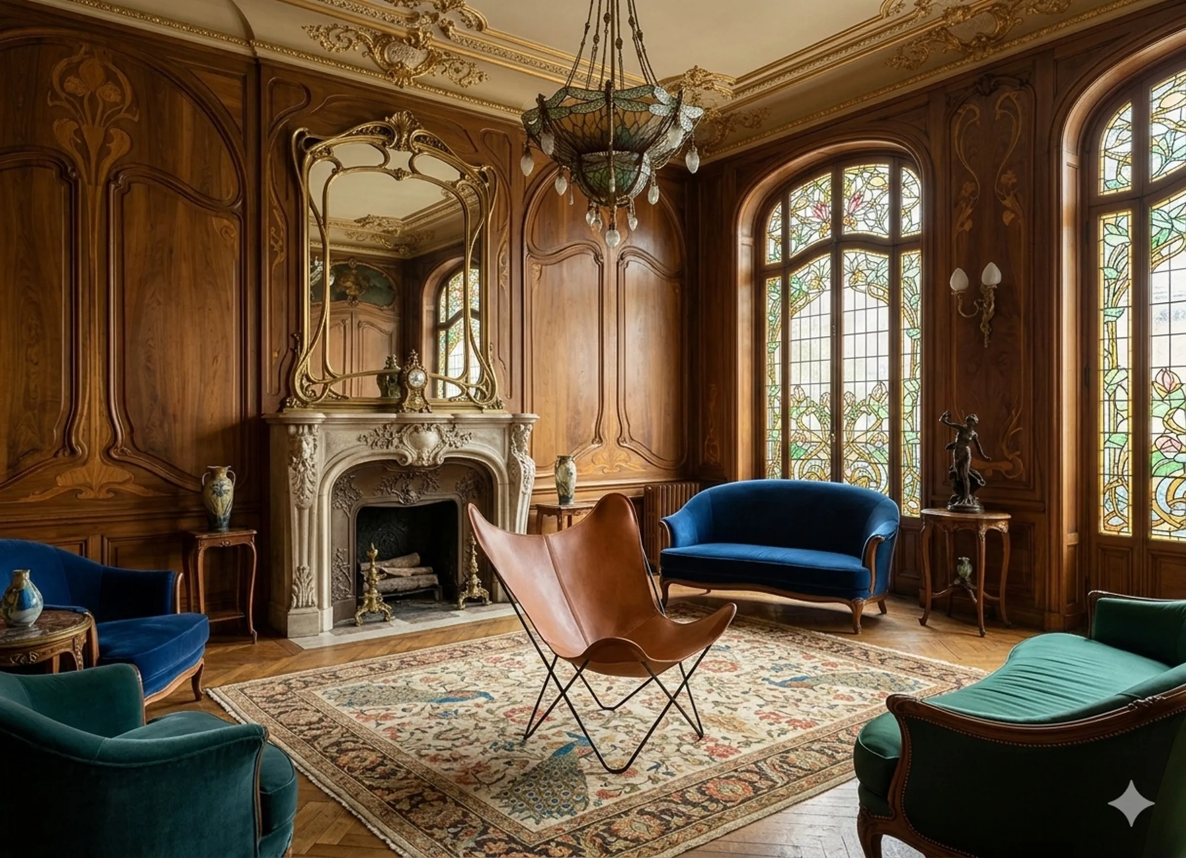 Antique BKF armchair in an elegant setting with artistic window.