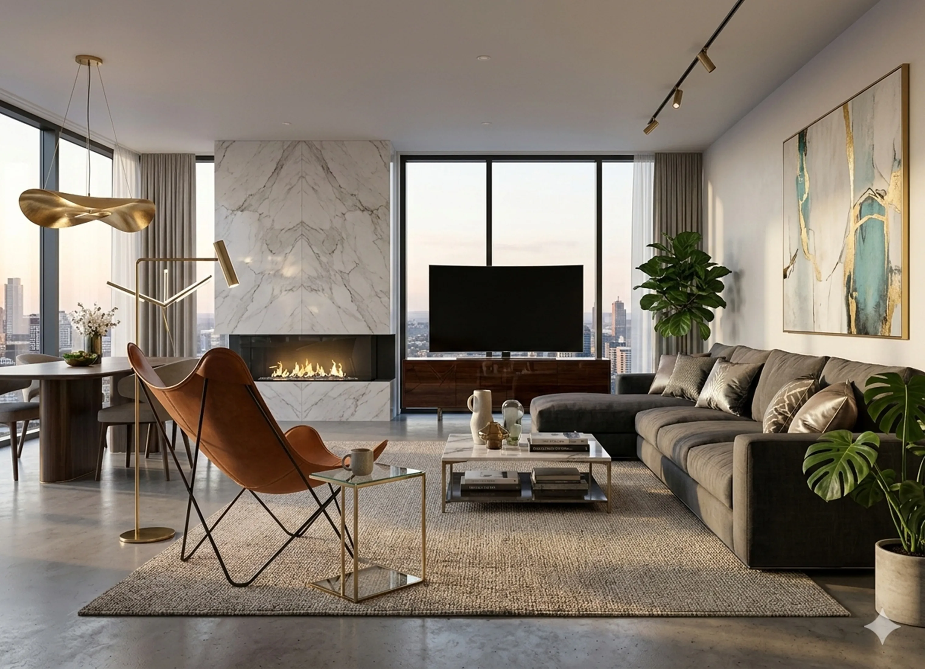 Fauteuil ancien BKF dans un salon moderne avec cheminée