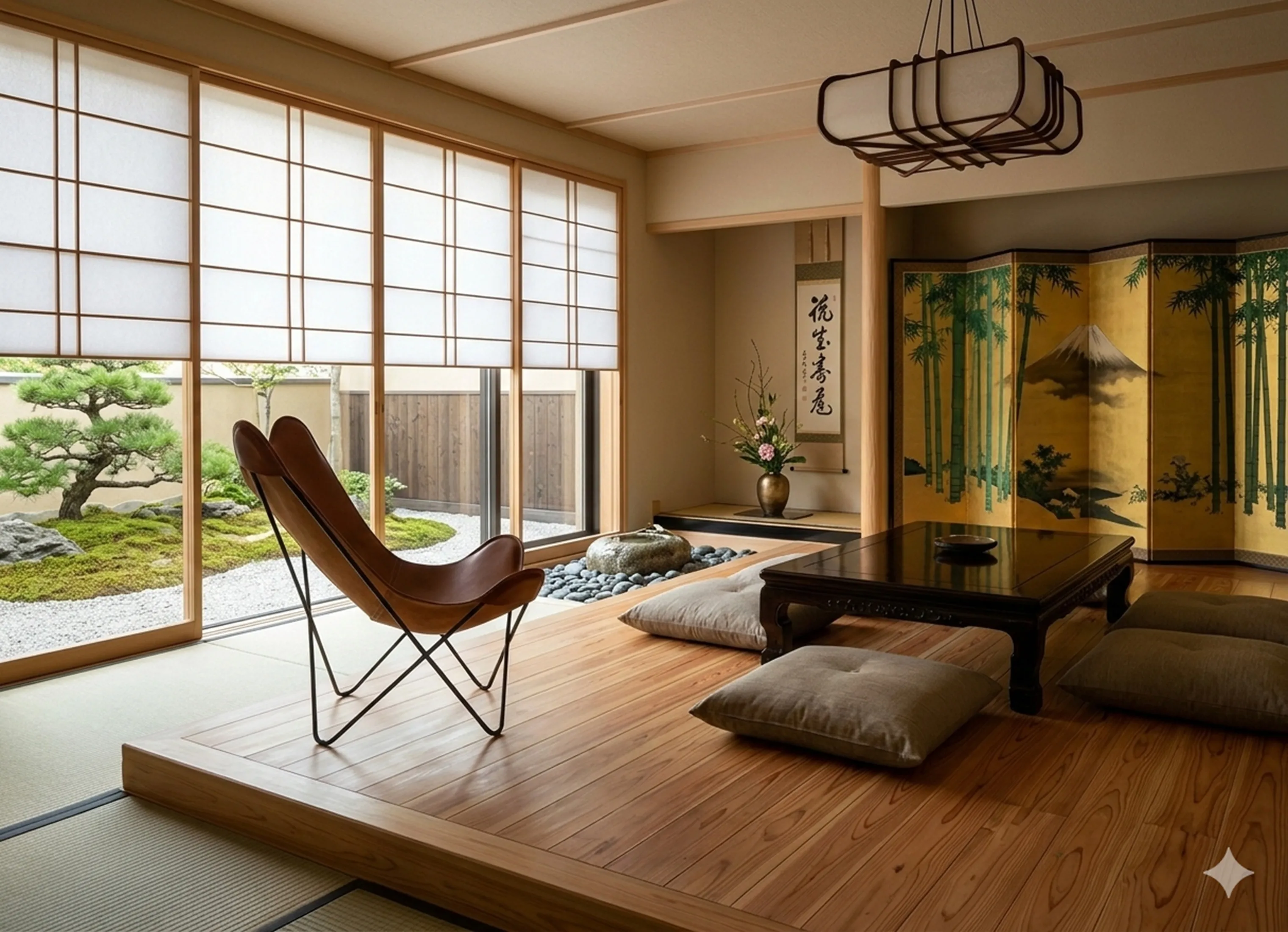 Sillón antiguo BKF en un entorno tradicional japonés con plantas