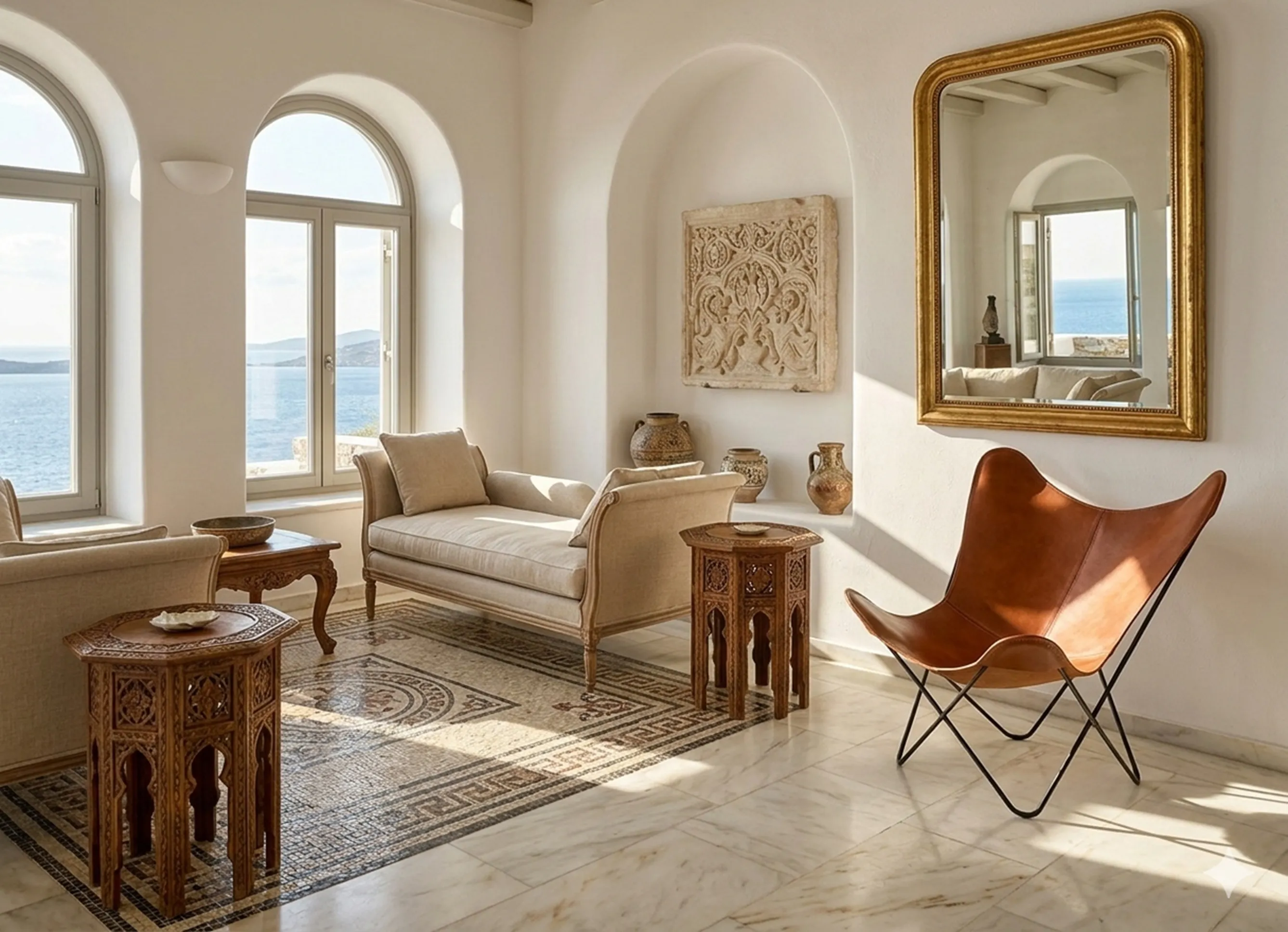 Fauteuil ancien BKF dans une pièce lumineuse avec vue sur la mer.