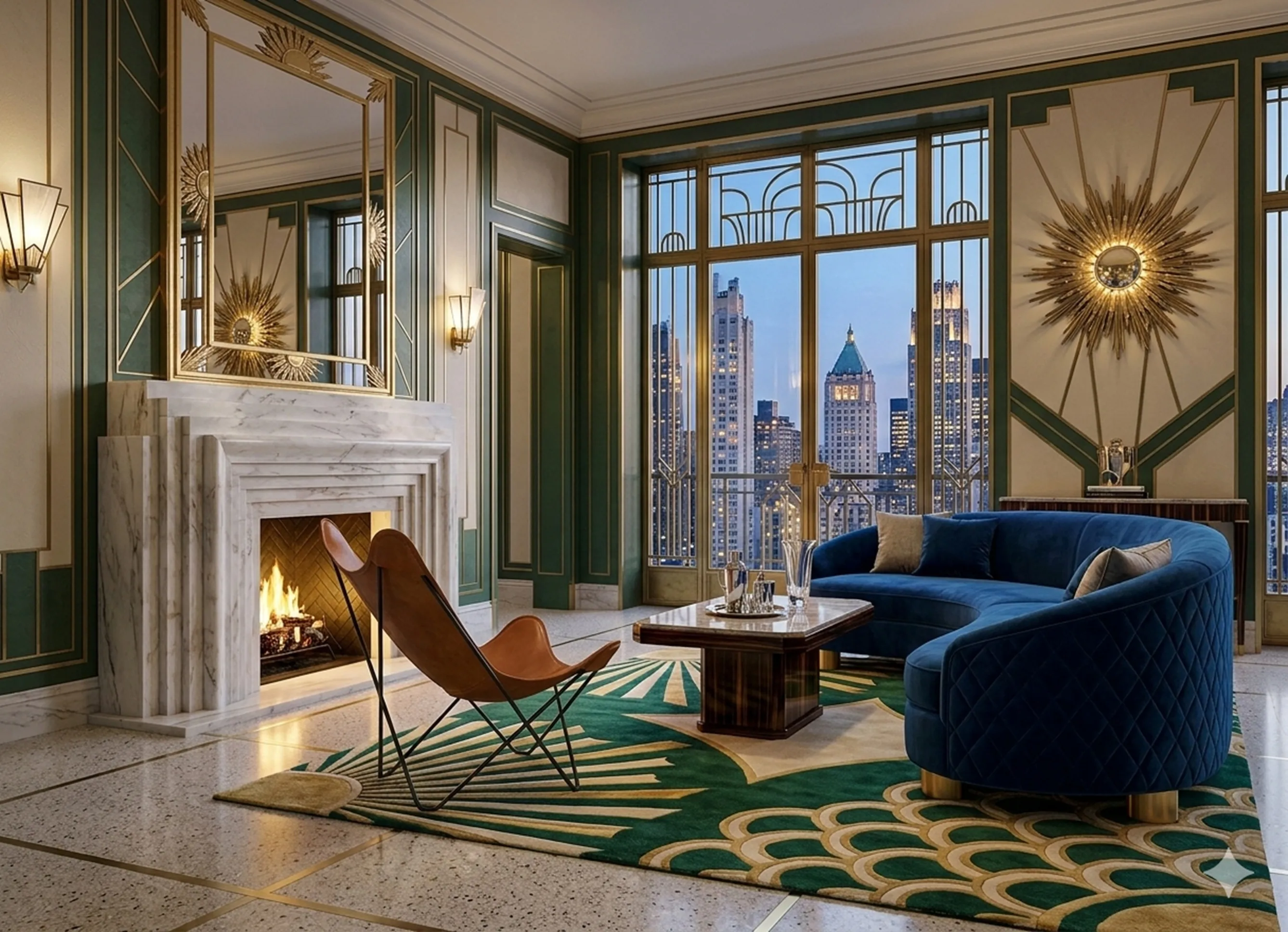 Sillón BKF antiguo en elegante sala de estar, con chimenea y vista urbana.