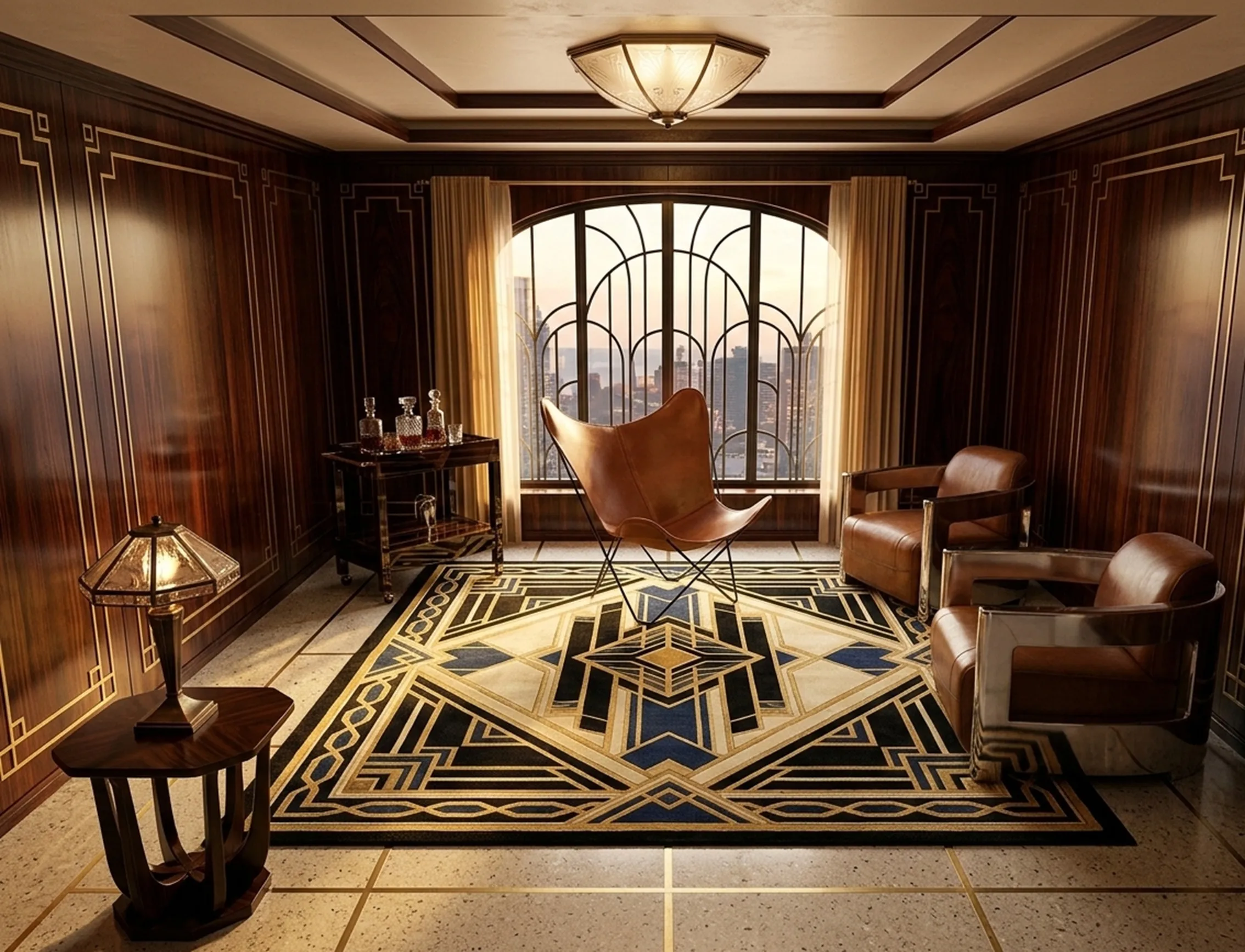 Poltrona antiga BKF em um ambiente elegante com luminária e mesa.