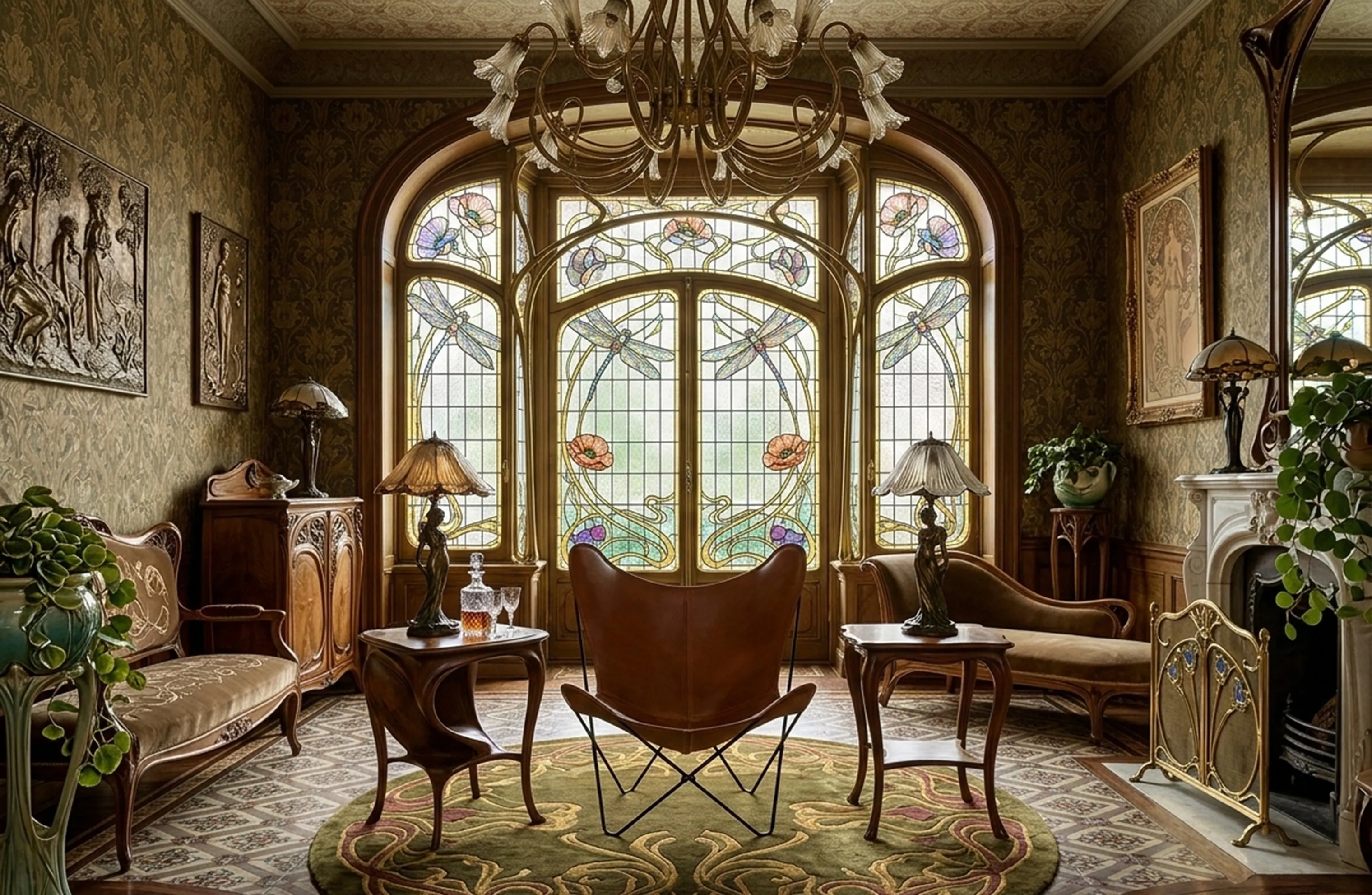 Fauteuil ancien BKF dans un cadre accueillant avec des lampes.