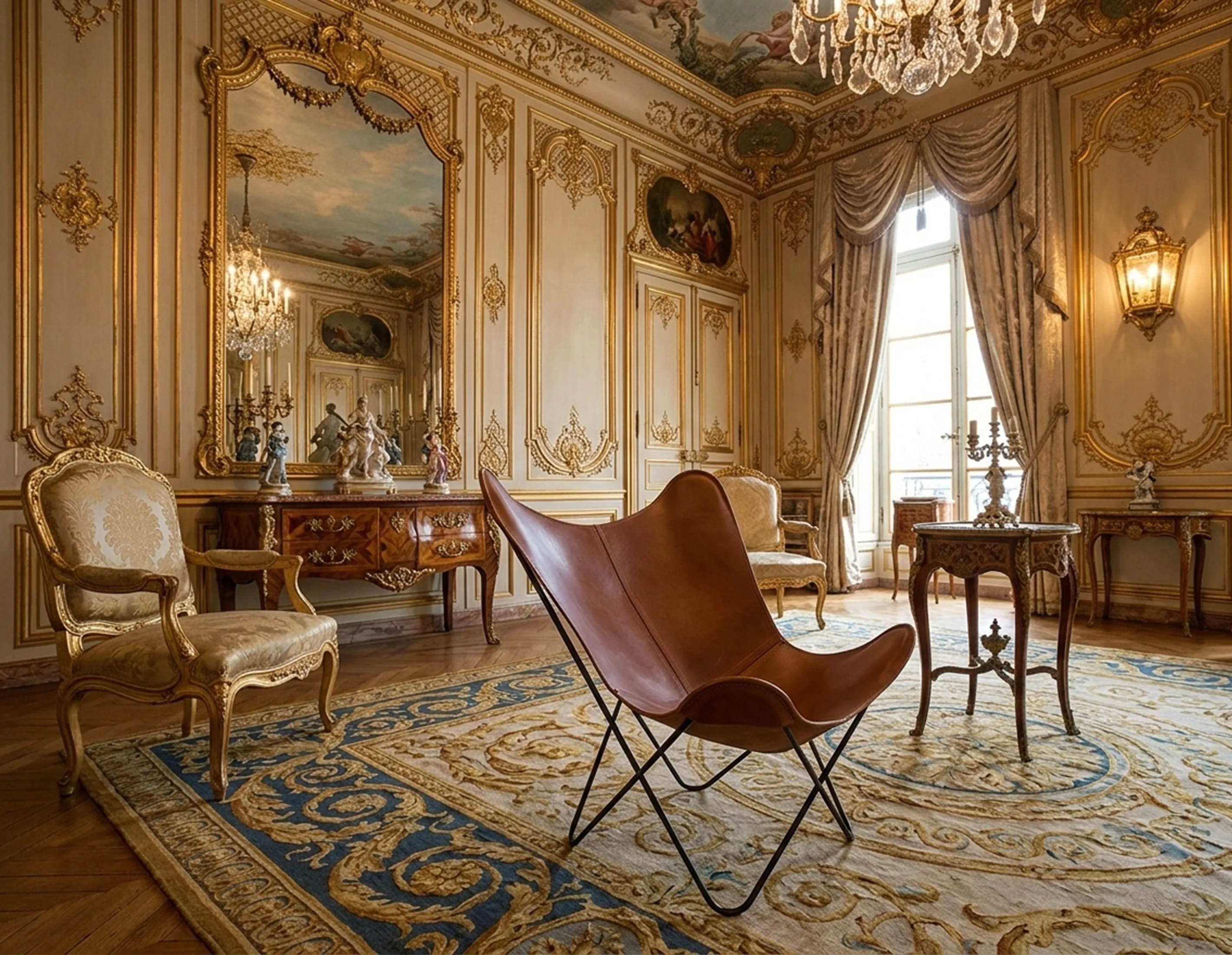 Poltrona antica BKF in un ambiente classico elegante con decorazione dorata e specchio