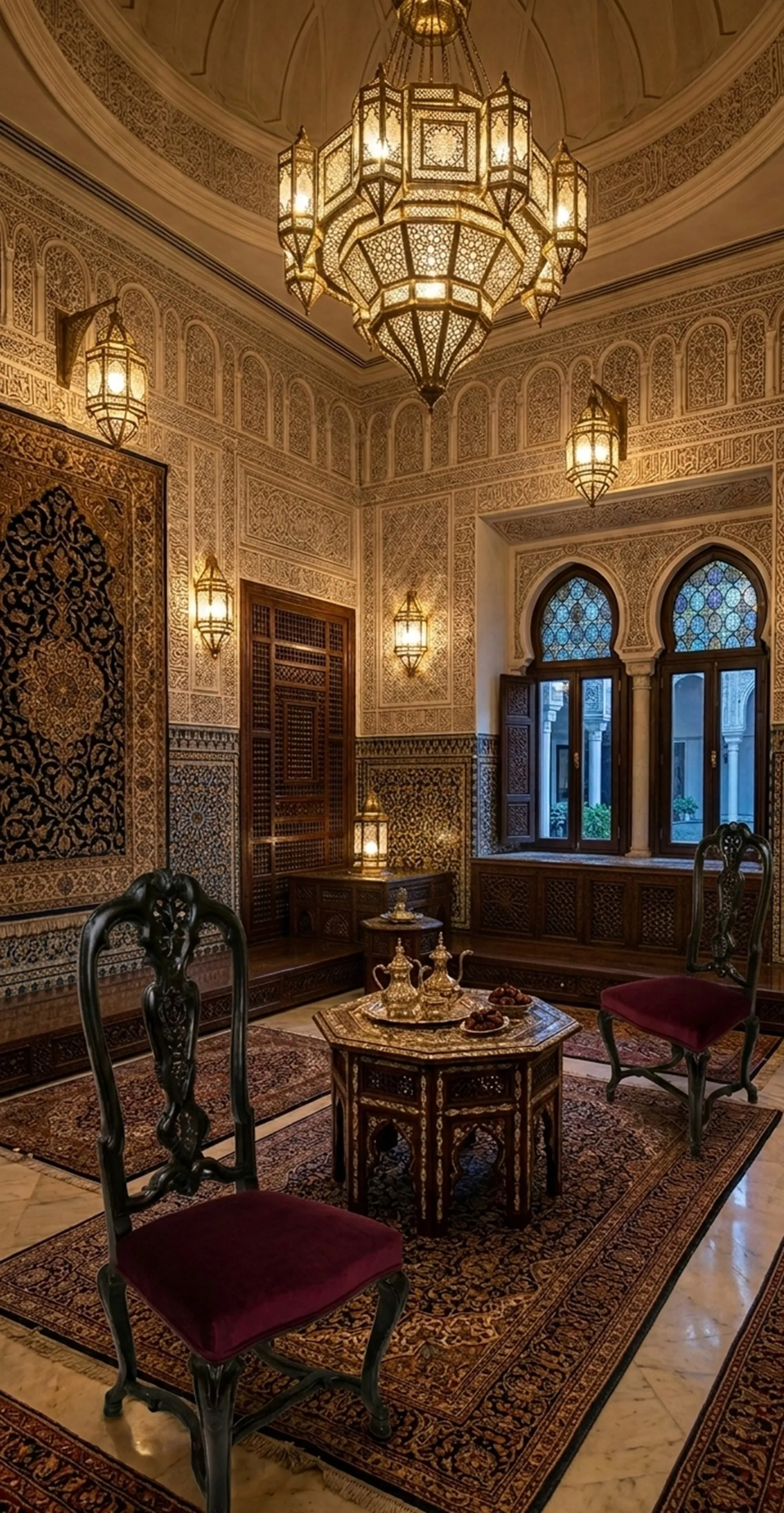 كرسيان قديمان بمخمل بنفسجي في بيئة مزخرفة بأناقة