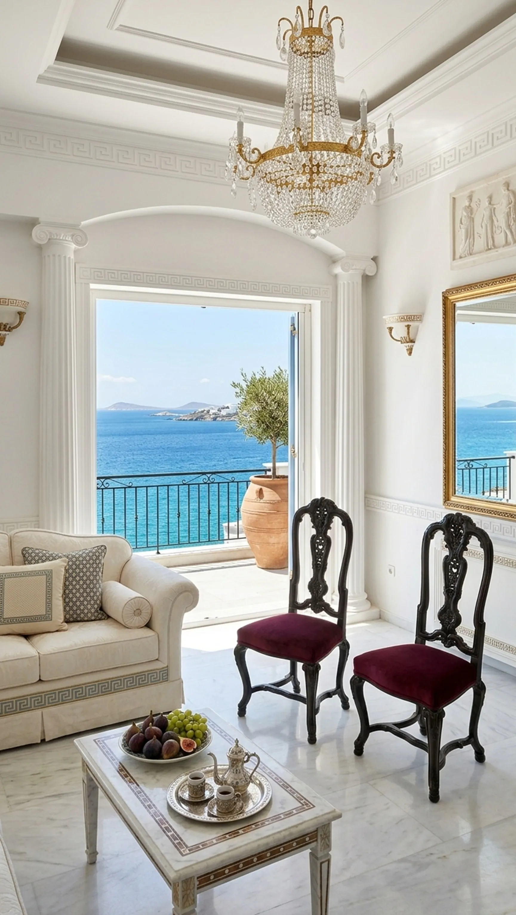two antique chairs with burgundy upholstery in a coastal living room overlooking the sea