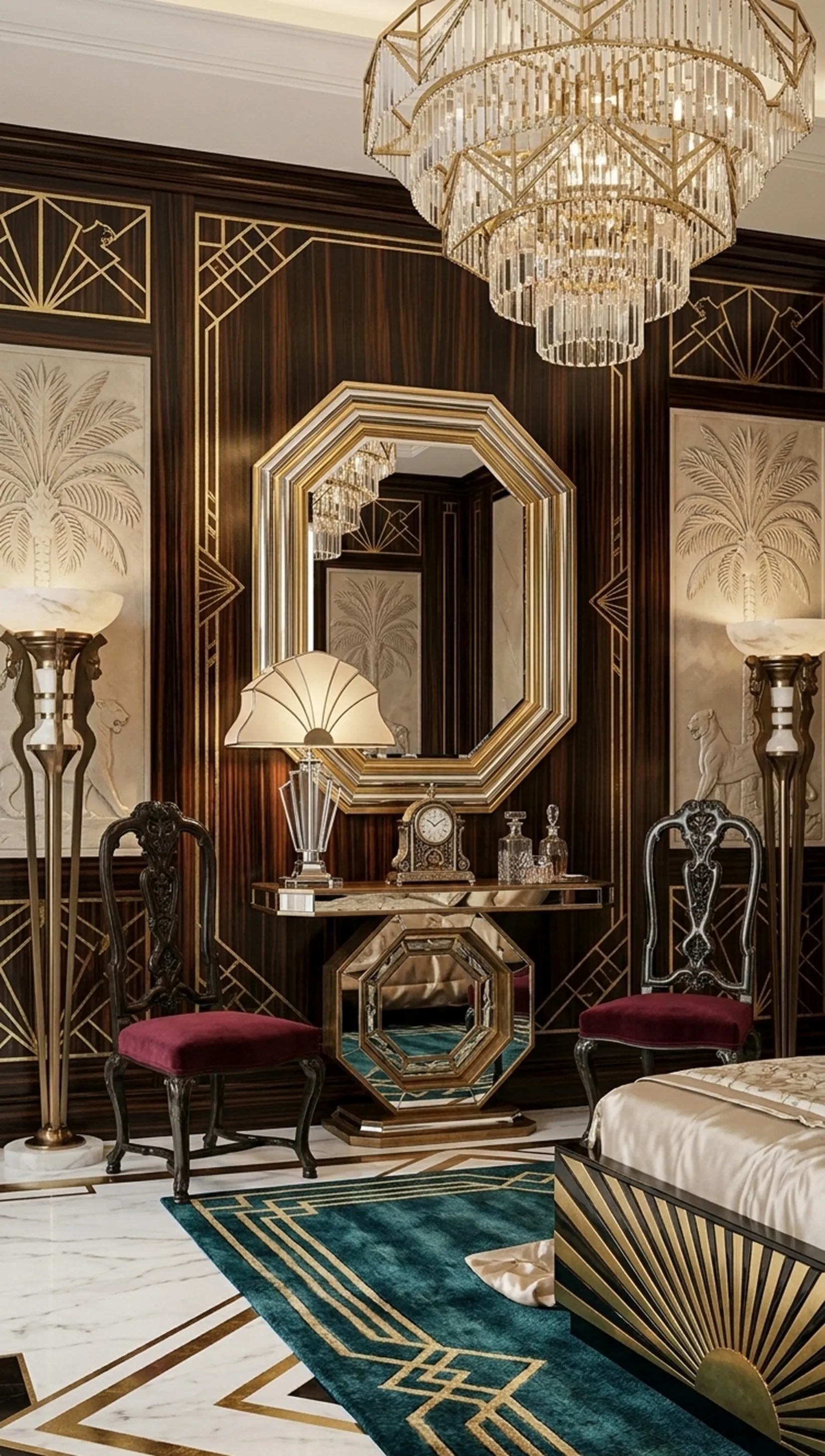 duas cadeiras antigas para restaurar em um ambiente elegante com lâmpada e espelho.