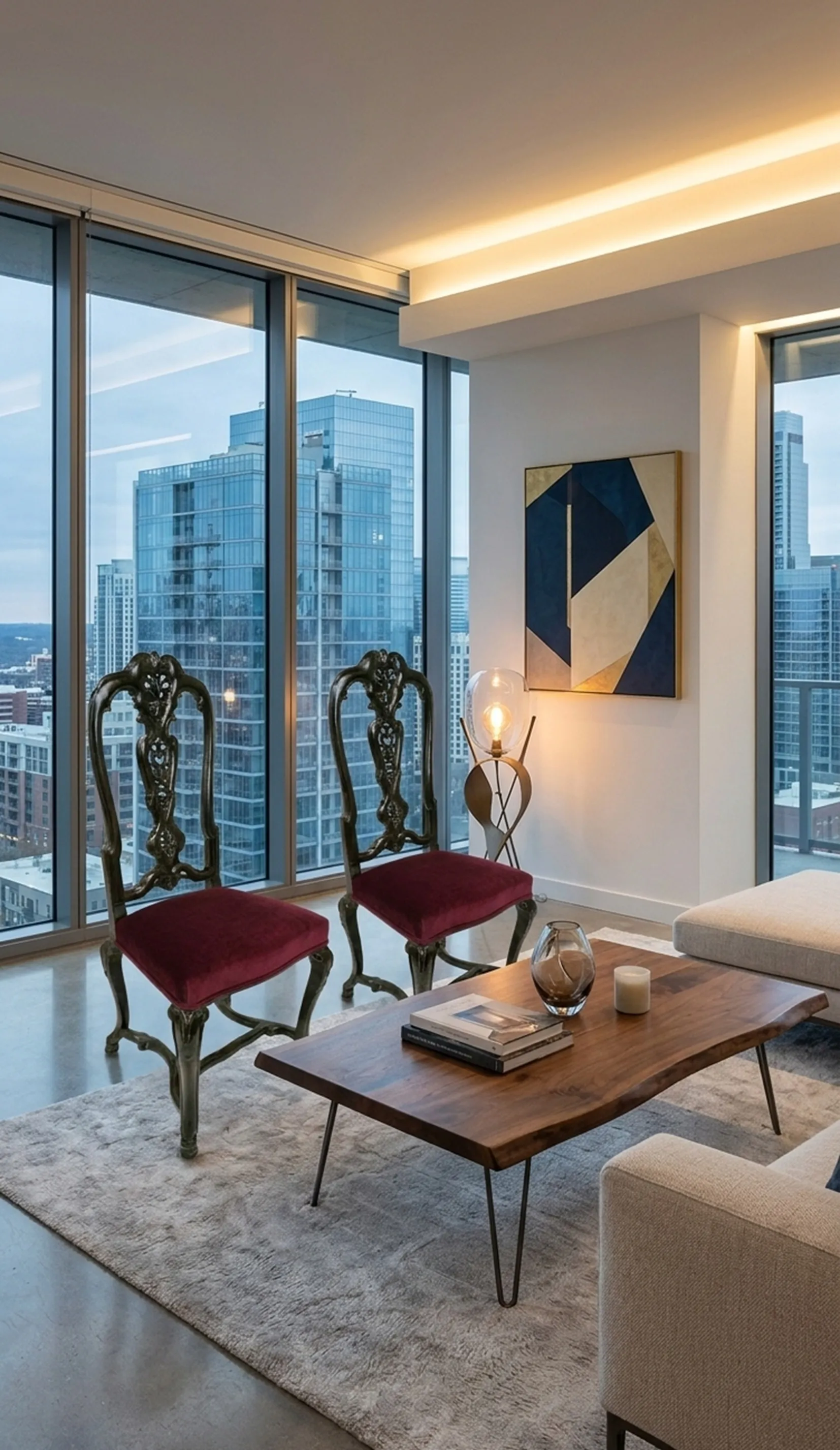 كرسيان قديمان للاستخدام في الاستعادة، مبطنان بالأحمر في بيئة حديثة.