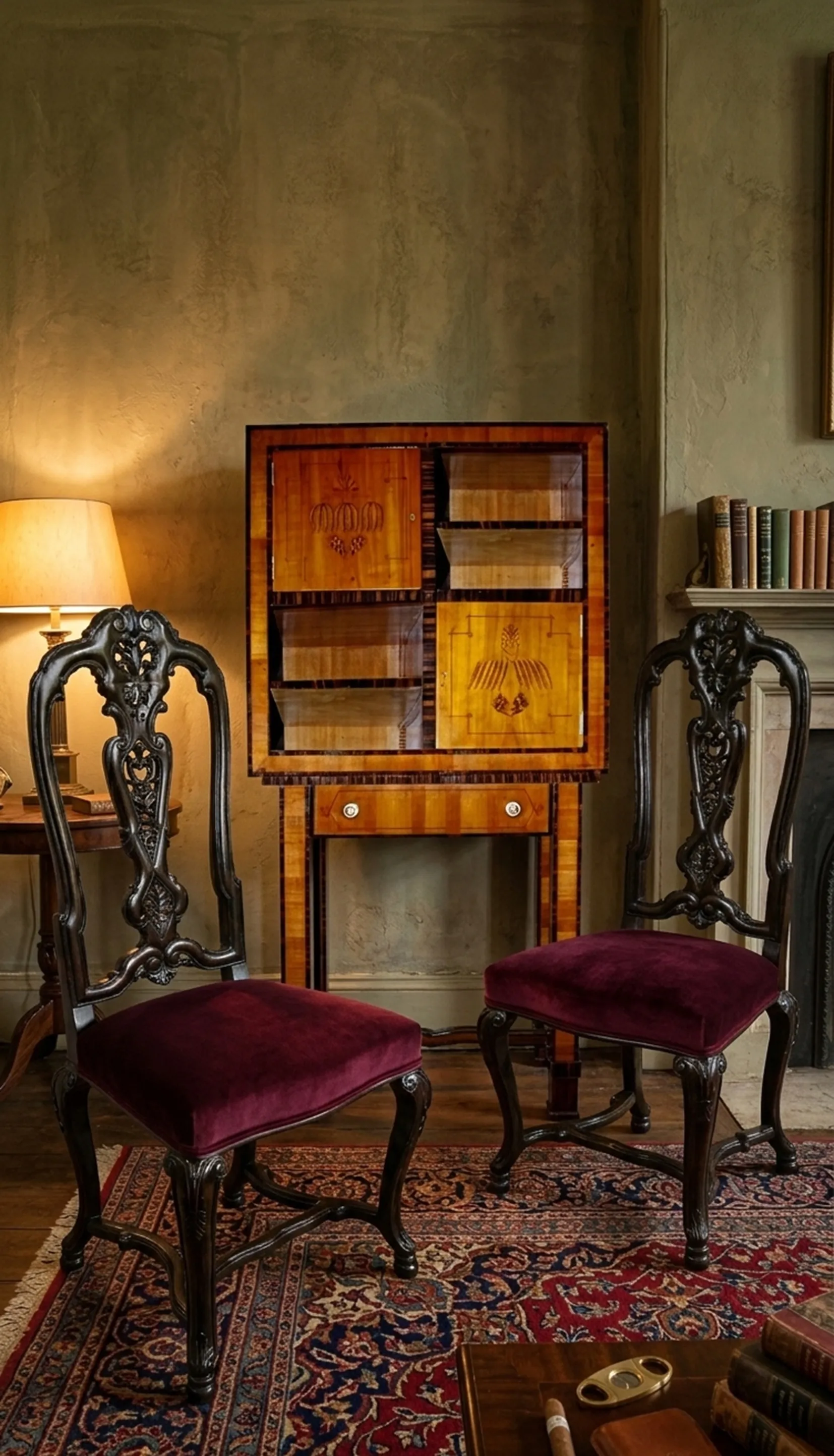 Deux chaises anciennes avec rembourrage bordeaux dans une pièce chaleureuse