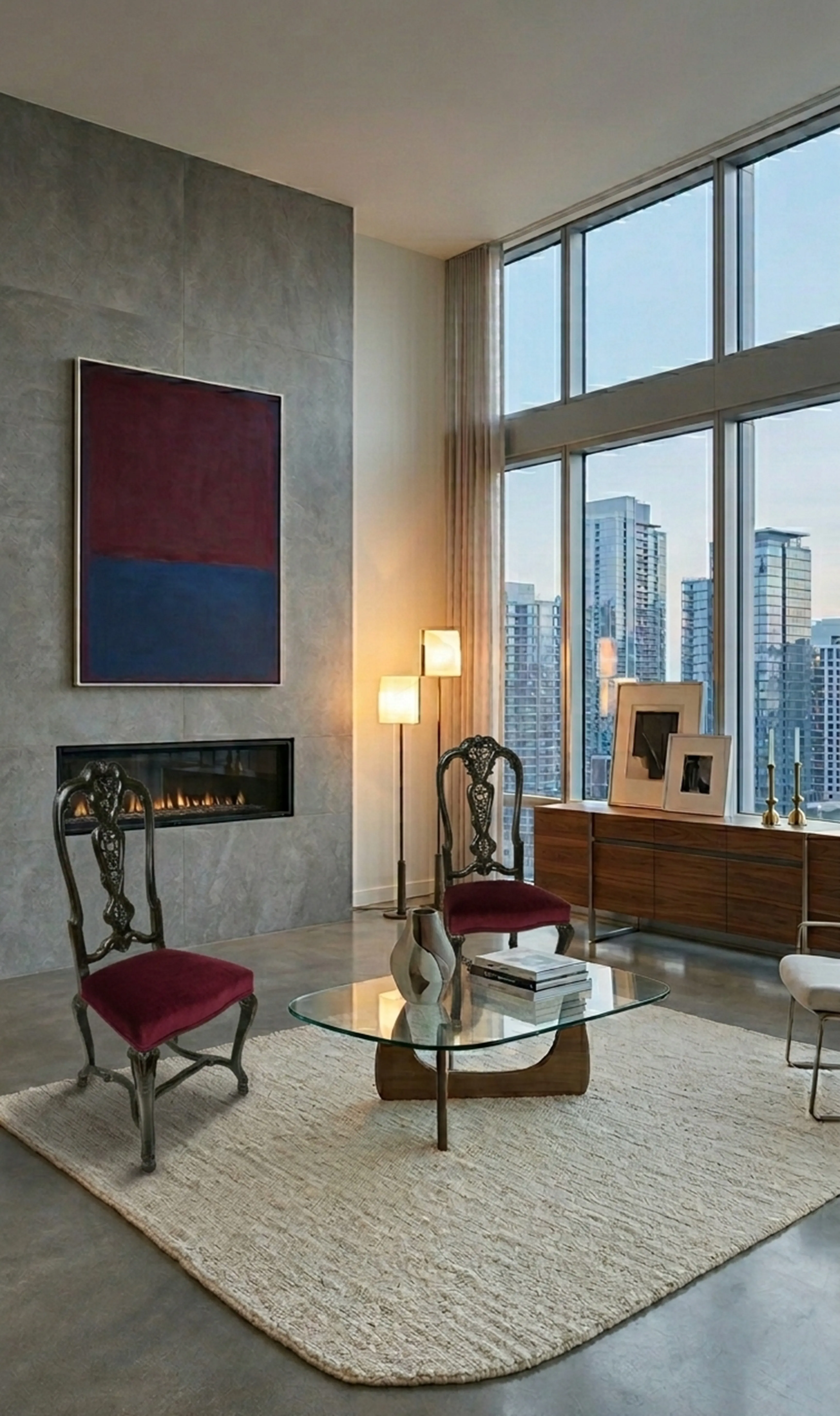 duas cadeiras antigas com estofado vermelho em um ambiente moderno