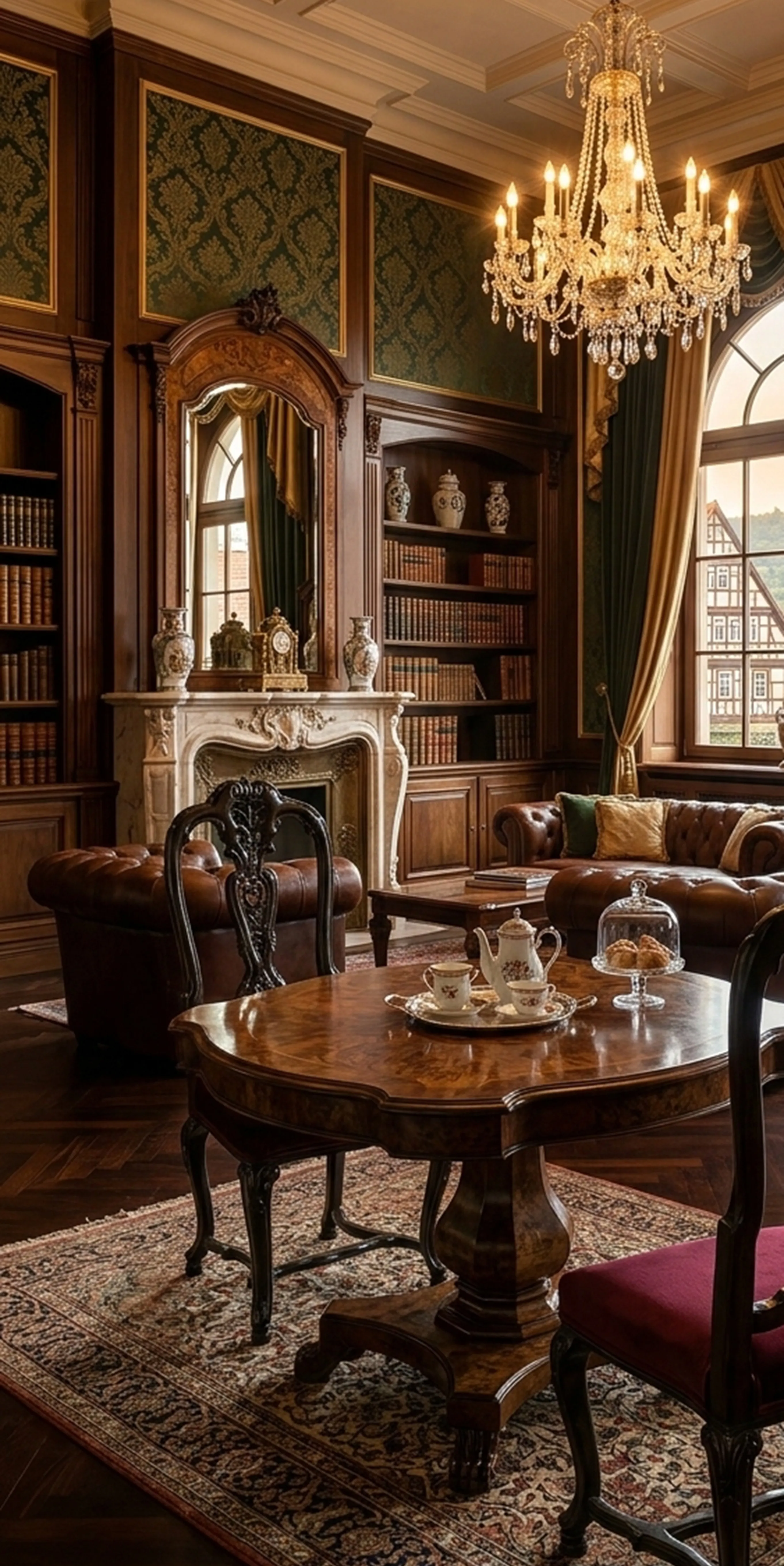 deux chaises antiques à restaurer dans un salon élégant avec bibliothèques