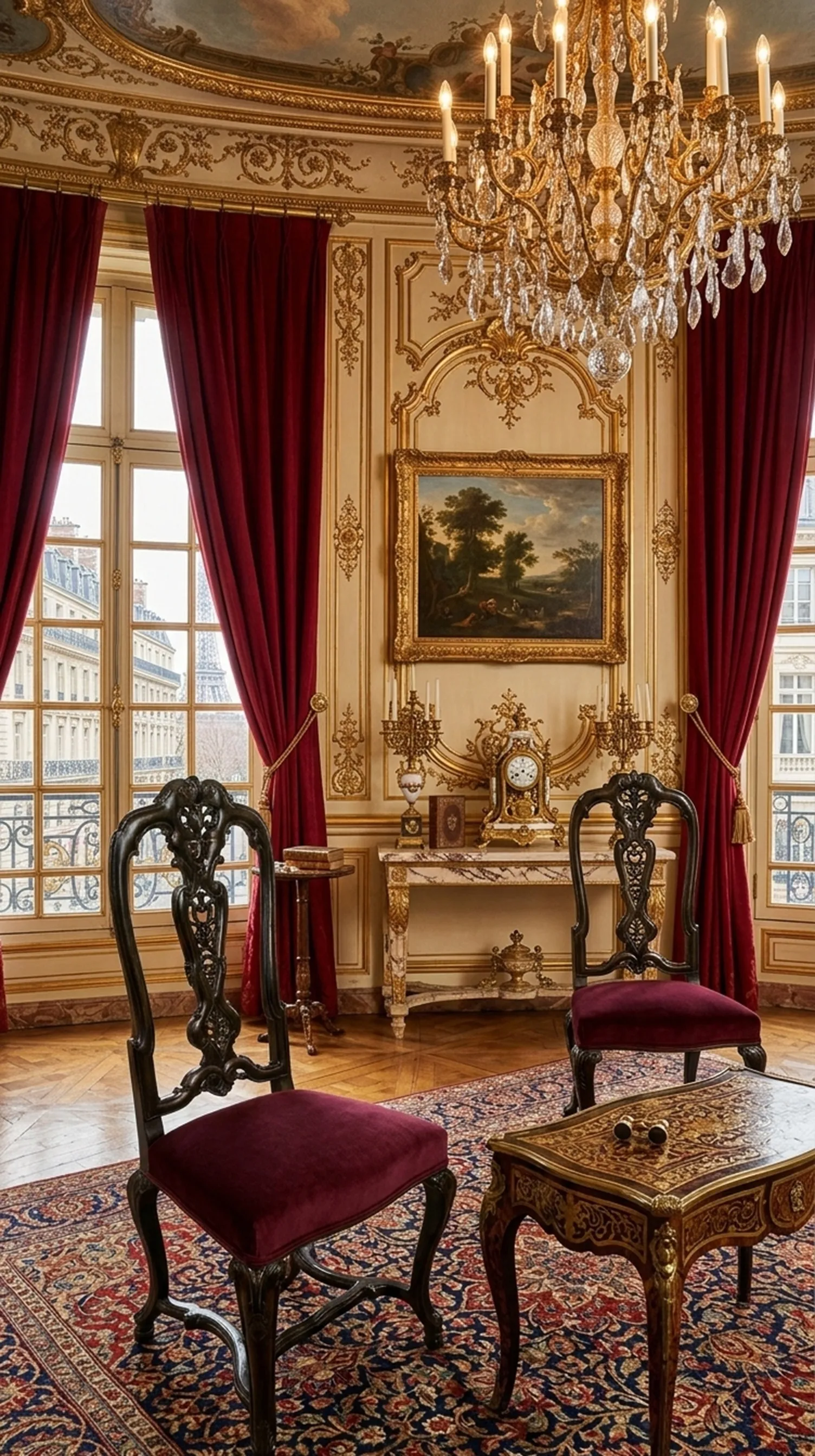 Zwei antique Stühle mit rotem Bezug in einem luxuriösen Raum