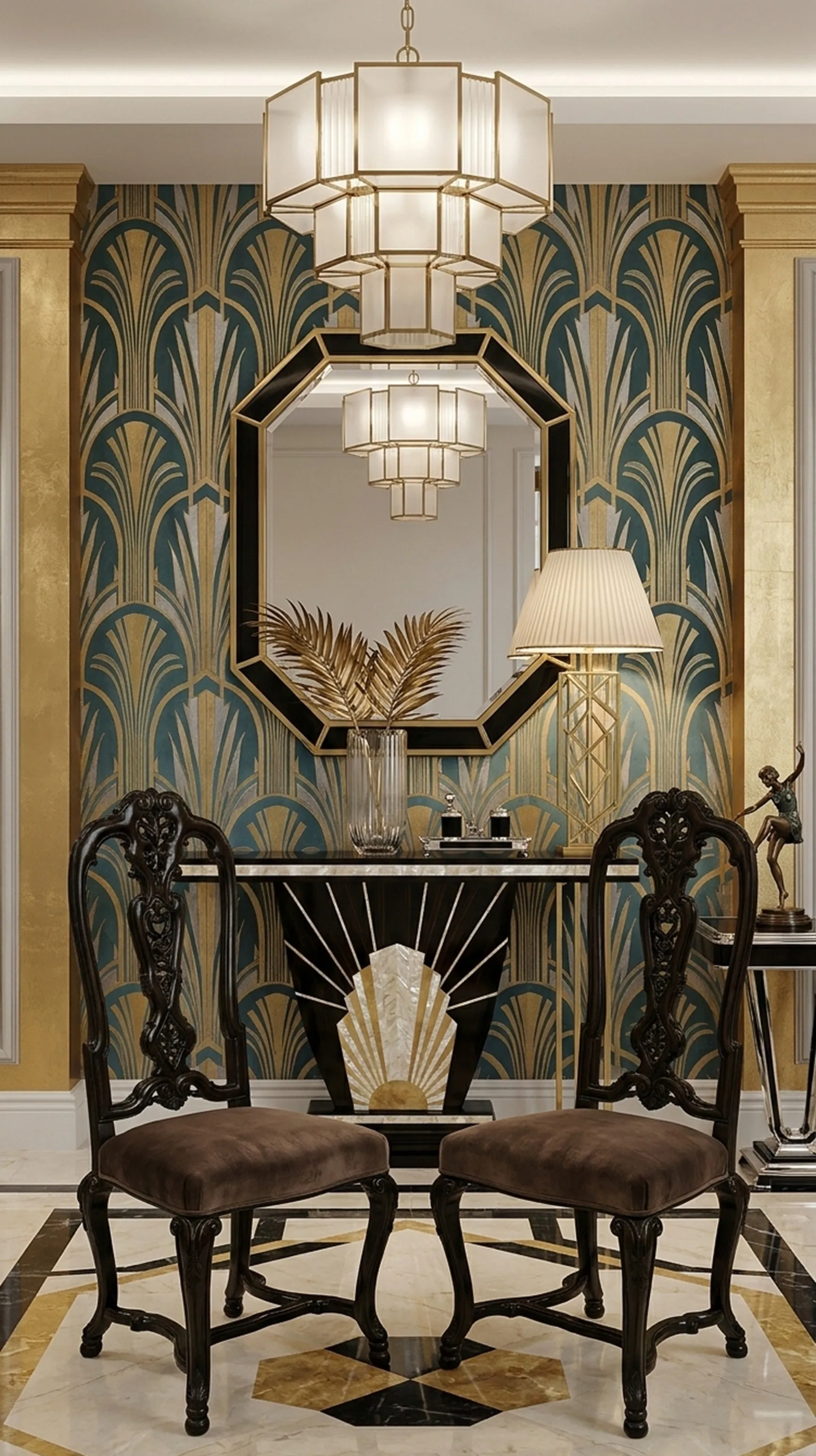 dos sillas antiguas en un entorno elegante, con detalles ornamentales