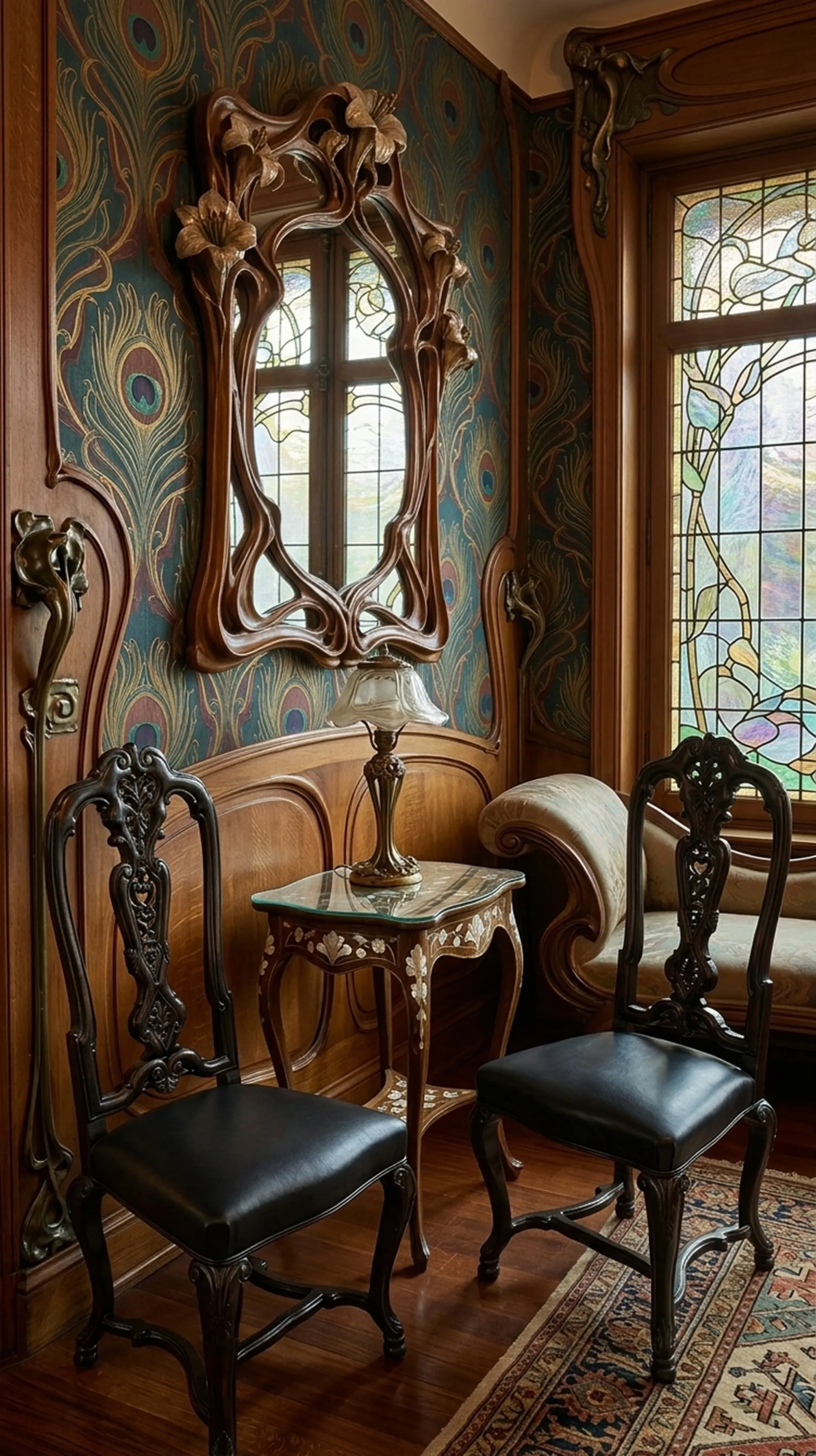 dos sillas antiguas negras con detalles decorativos, en una habitación clásica