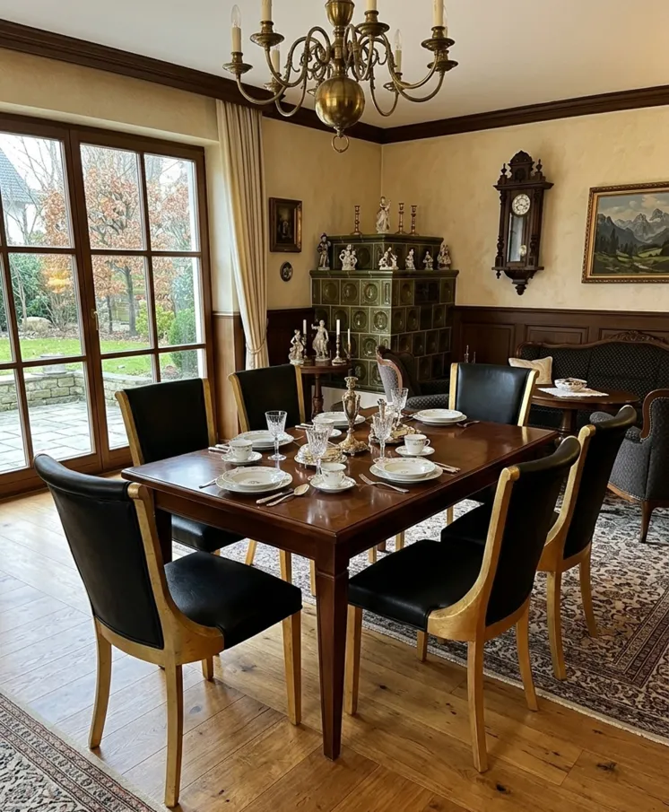 Sei sedie antiche in una sala da pranzo con tavolo e stoviglie.