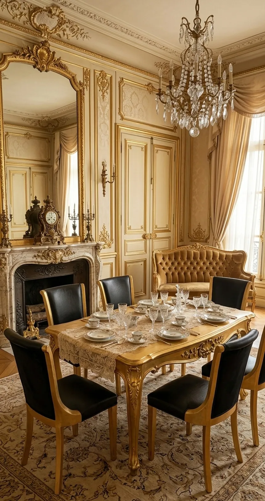 6 cadeiras antigas com estofado em ambiente elegante e mesa de jantar