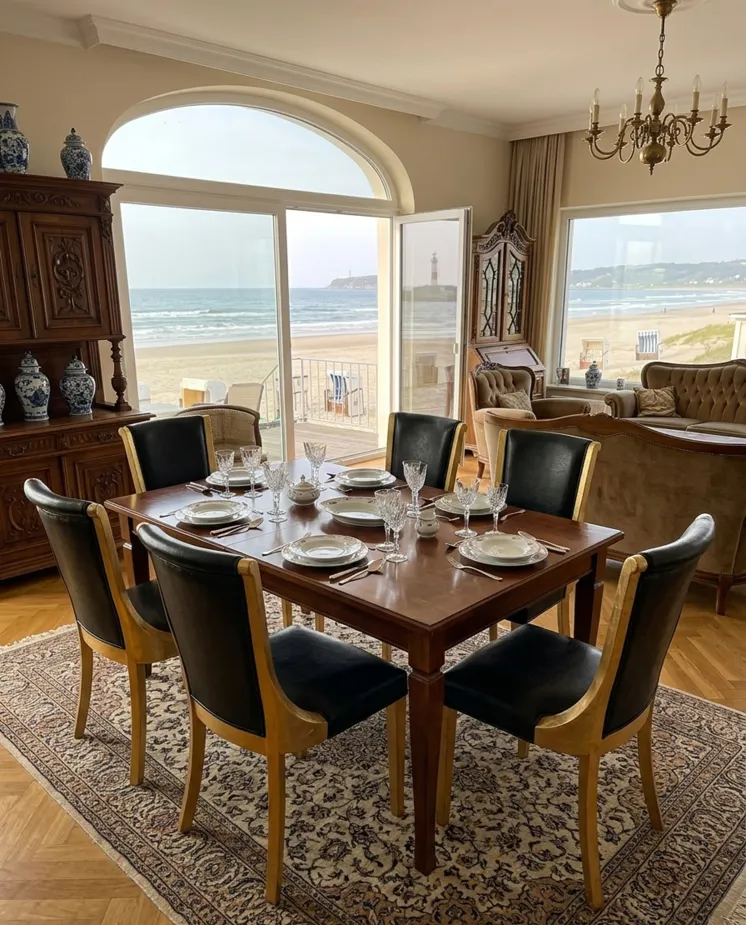 Sala de jantar com 6 cadeiras antigas (para restaurar), vista para o mar.