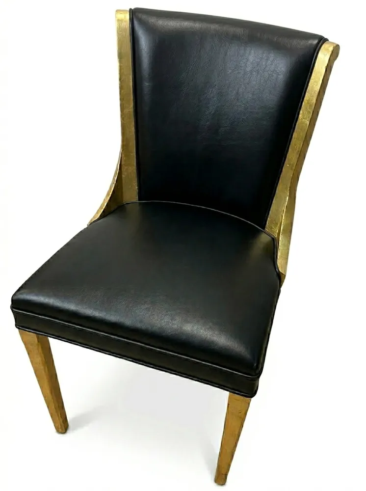 6 cadeiras antigas com encosto preto e detalhes dourados, estilo art deco