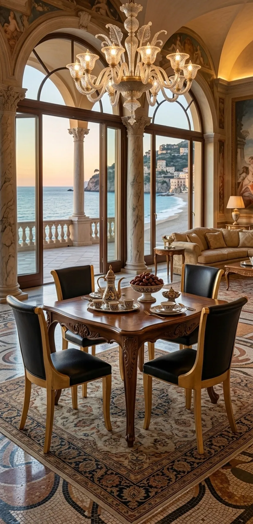 Set aus 6 antiken Stühlen in einem eleganten Ambiente, umgeben von einer schönen Landschaft