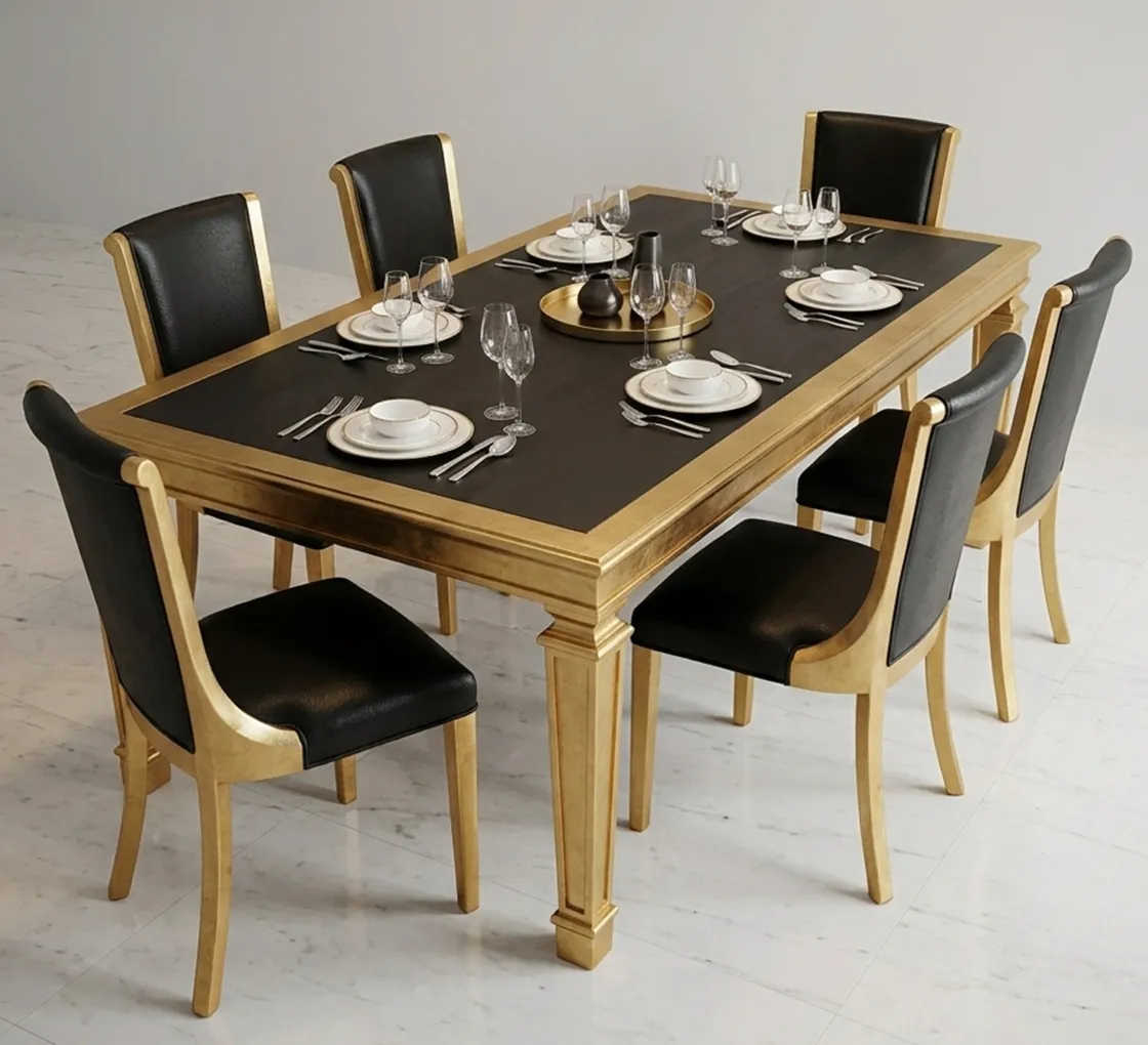 Conjunto de 6 sillas antiguas, estilo art deco, en un ambiente elegante, con una mesa decorativa.