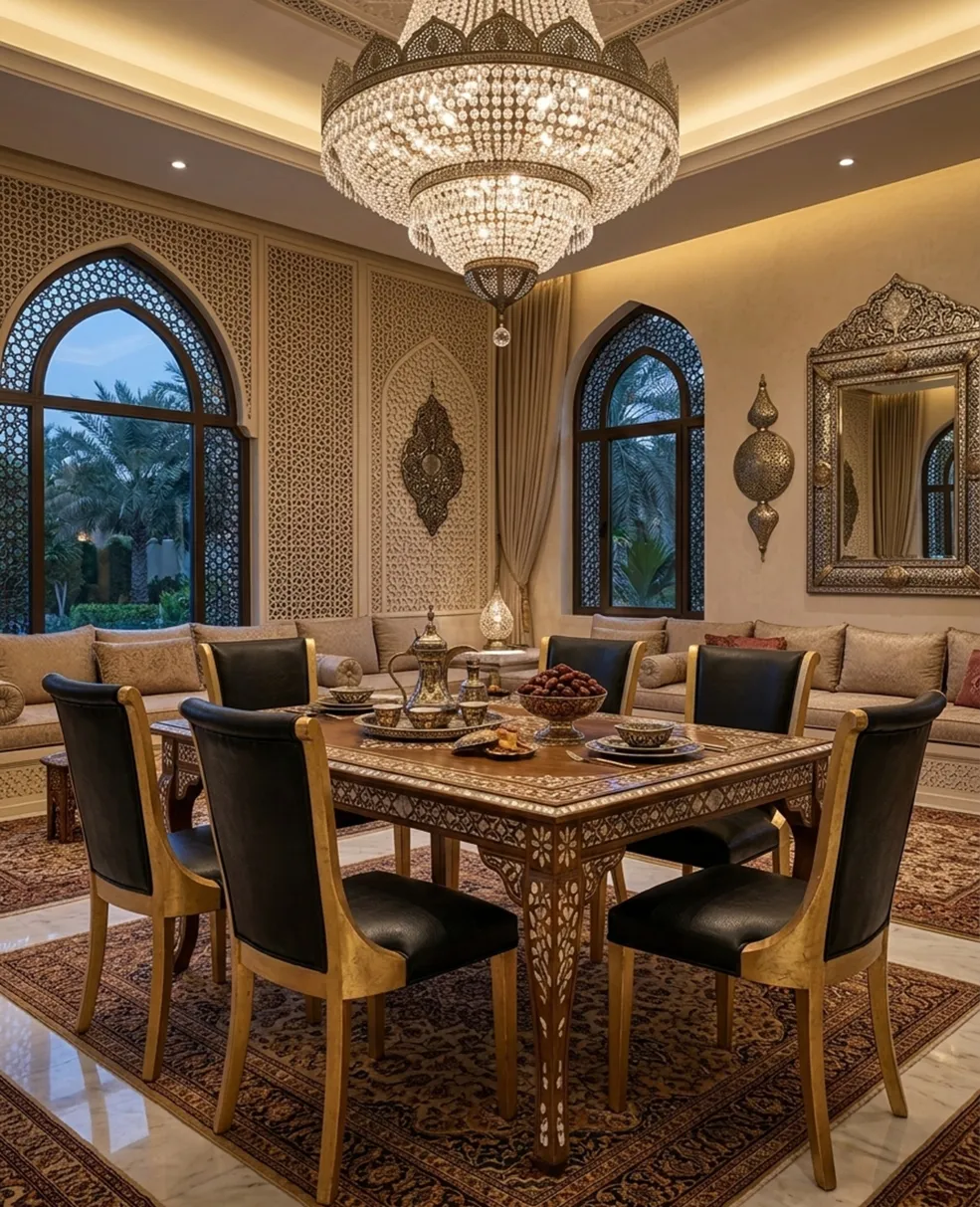 Set di 6 sedie antiche da restaurare, circondate da eleganza e stile in un ambiente accogliente, con tavolo decorato.