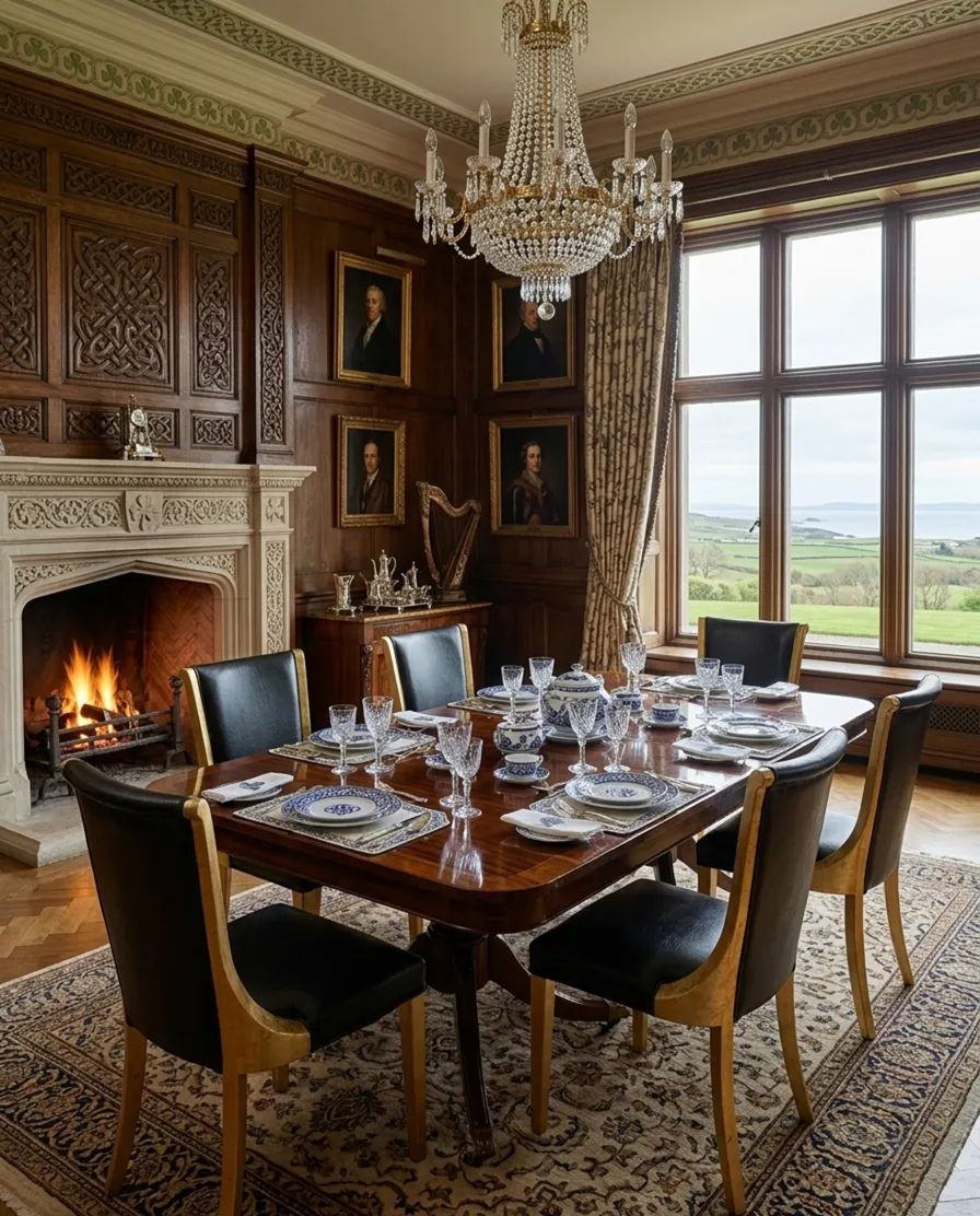 Six chaises anciennes à restaurer dans une salle à manger décorative avec de l'art et une table élégante.