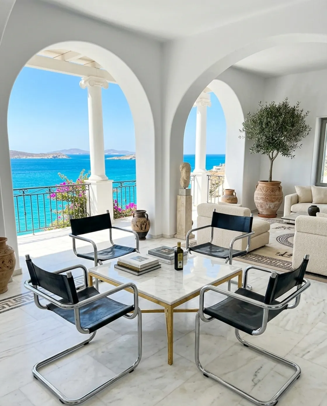 Four antique chairs in a bright setting with a sea view