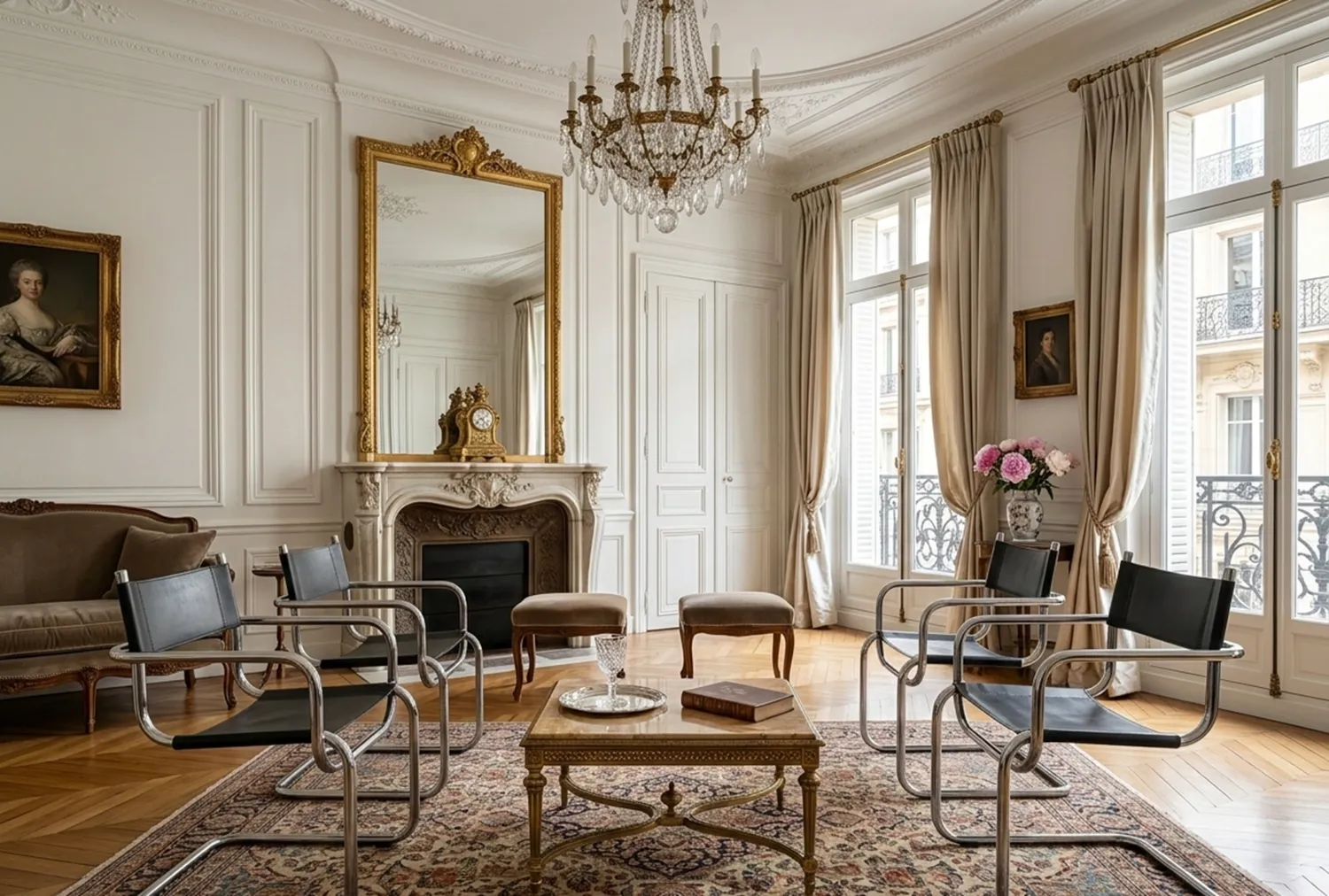 Four antique chairs in an elegant room with a mirror