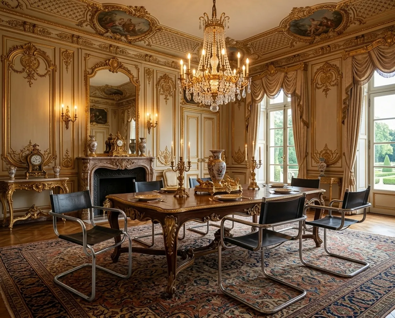 Four black antique chairs in a luxurious dining room