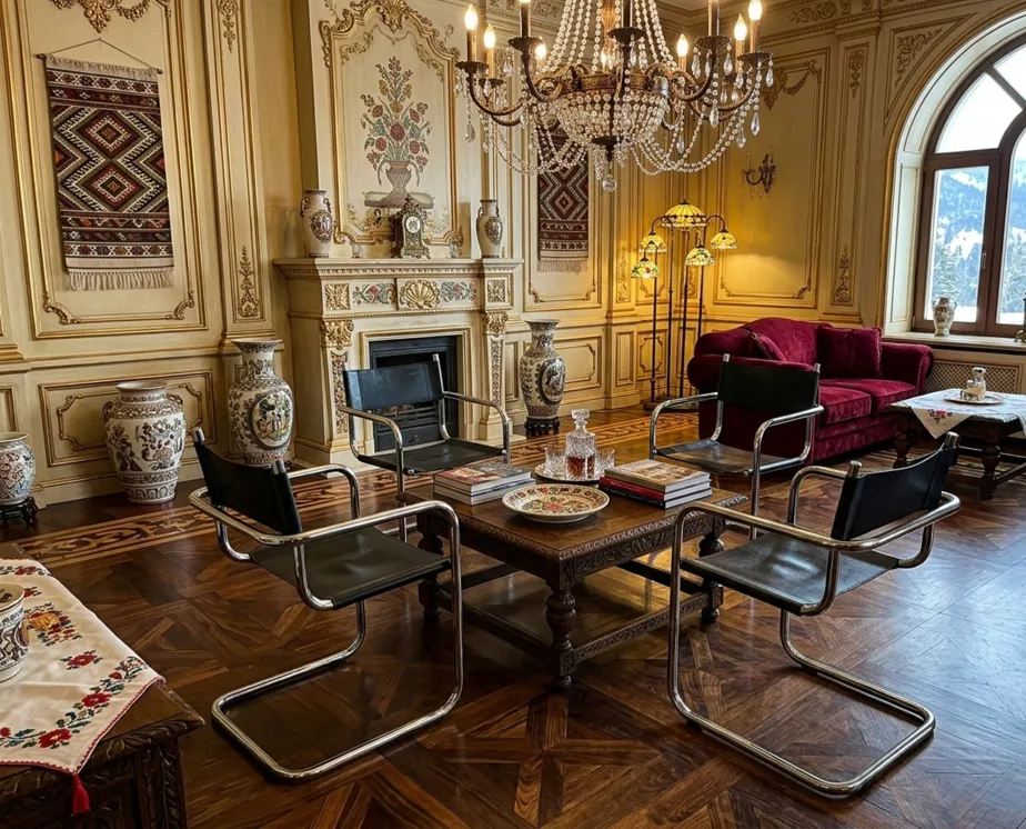 Quatro cadeiras antigas em uma sala elegante com decorações