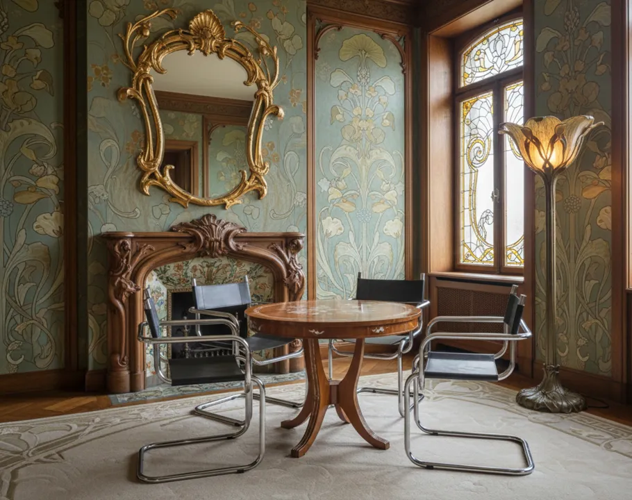 Cuatro sillas antiguas dispuestas alrededor de una mesa en un ambiente decorativo