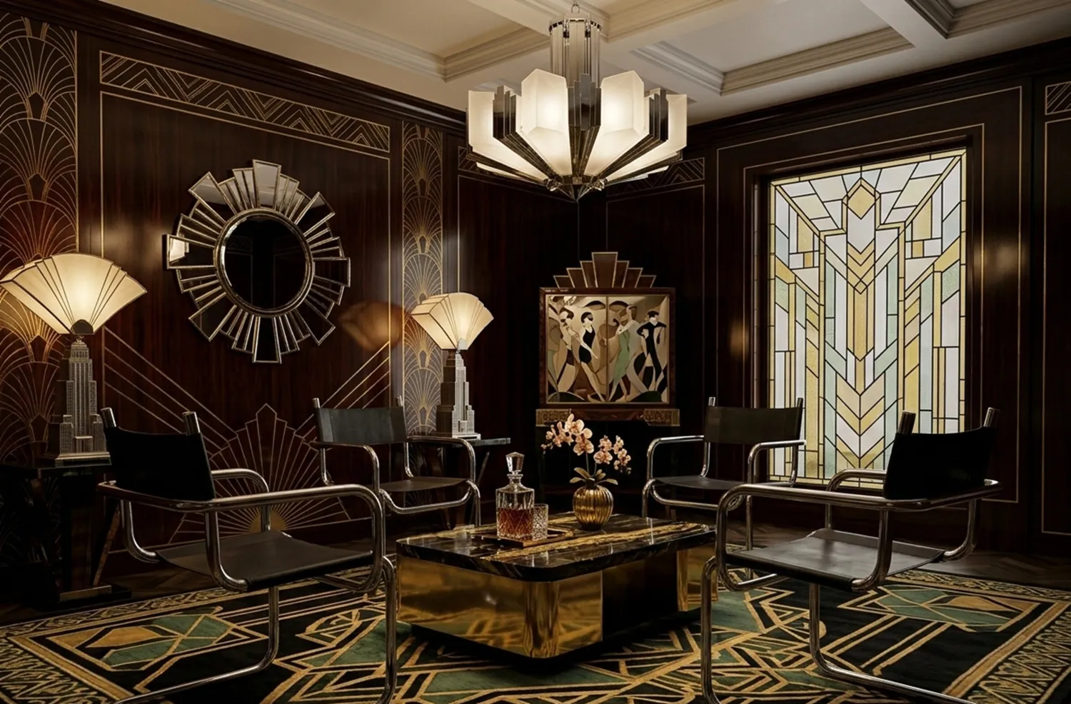 Four antique chairs in a beautifully decorated room with design elements.