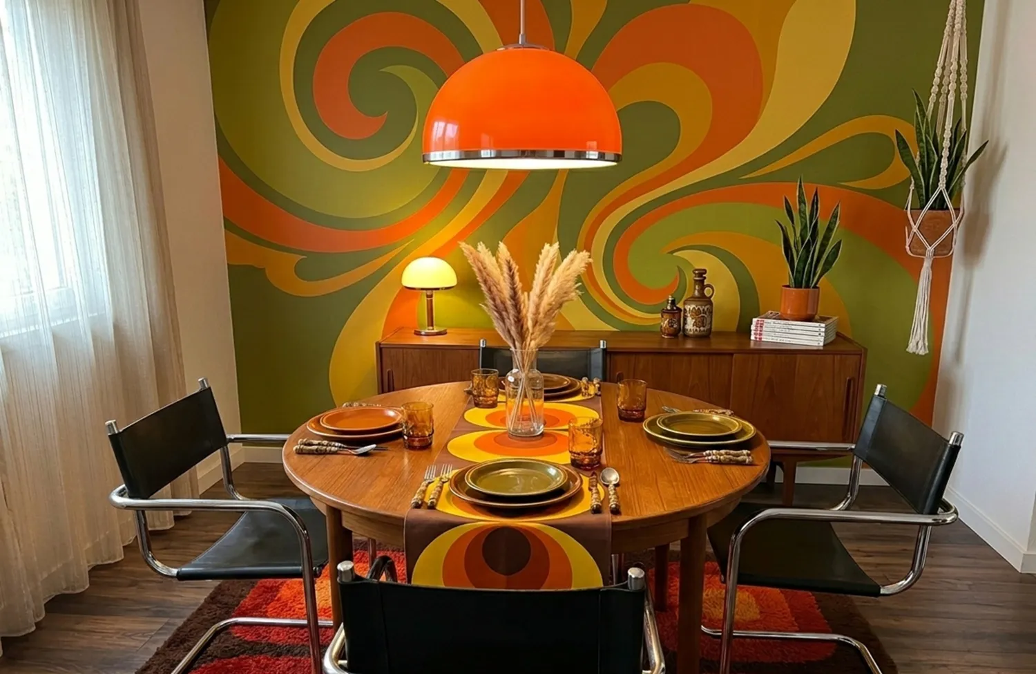 Quattro sedie vintage attorno a un tavolo in legno, decorate con piatti e bicchieri in un ambiente accogliente.