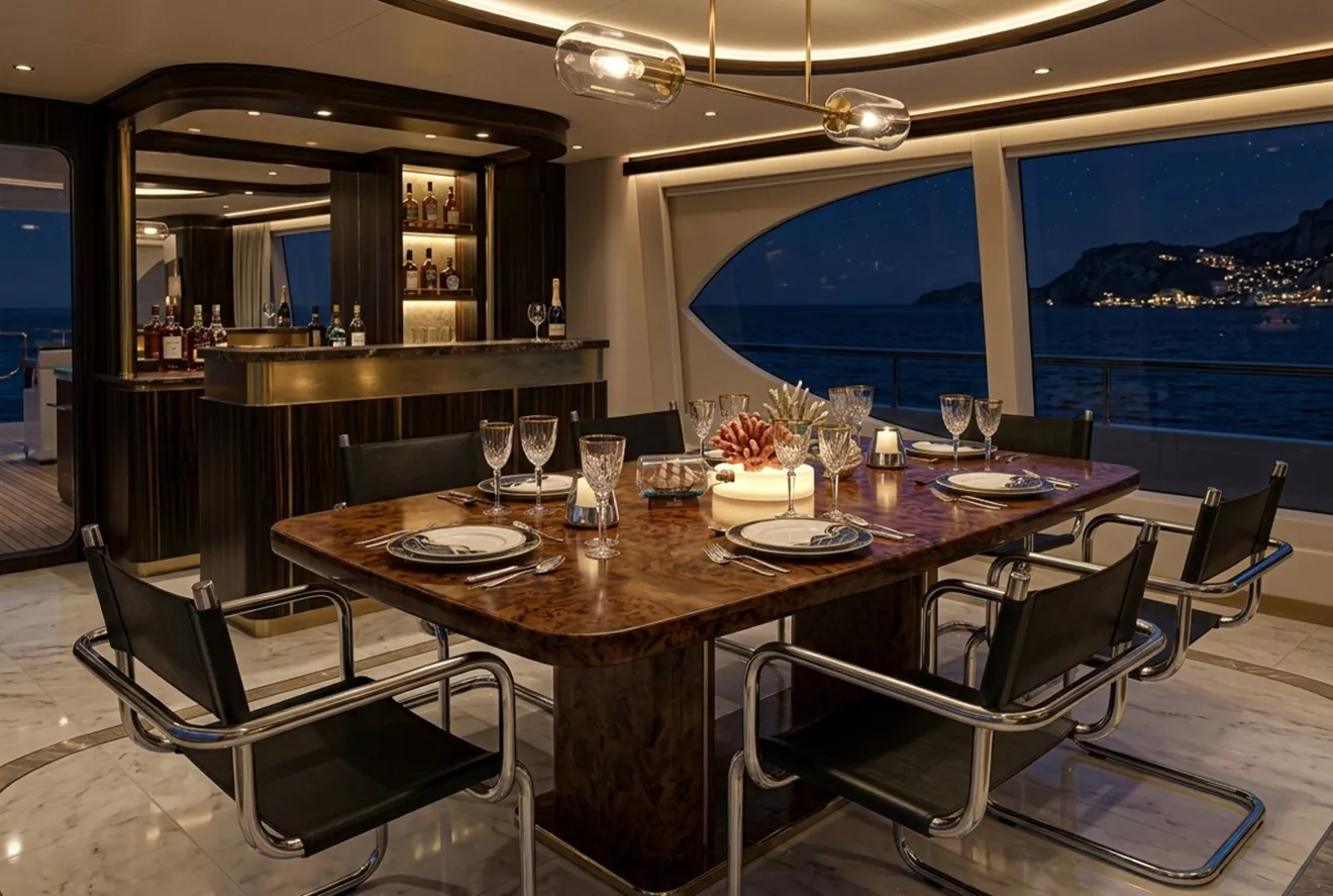 Quatre chaises antiques à côté d'une table dans un cadre élégant avec vue sur la mer.