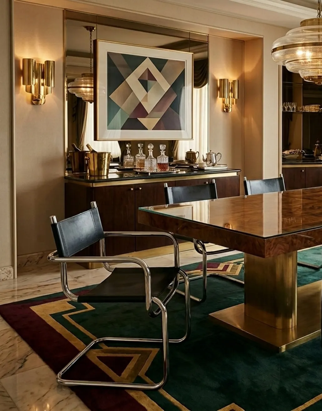 Quatro cadeiras antigas ao redor de uma mesa de jantar elegante, com decoração luxuosa.