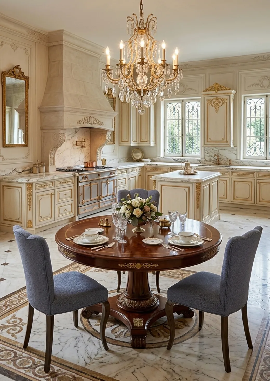 Três cadeiras antigas em uma sala de jantar elegantemente decorada.