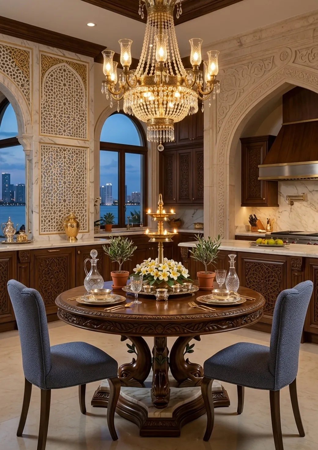 Three antique chairs with blue fabric, in an elegant setting. Decorated tables.