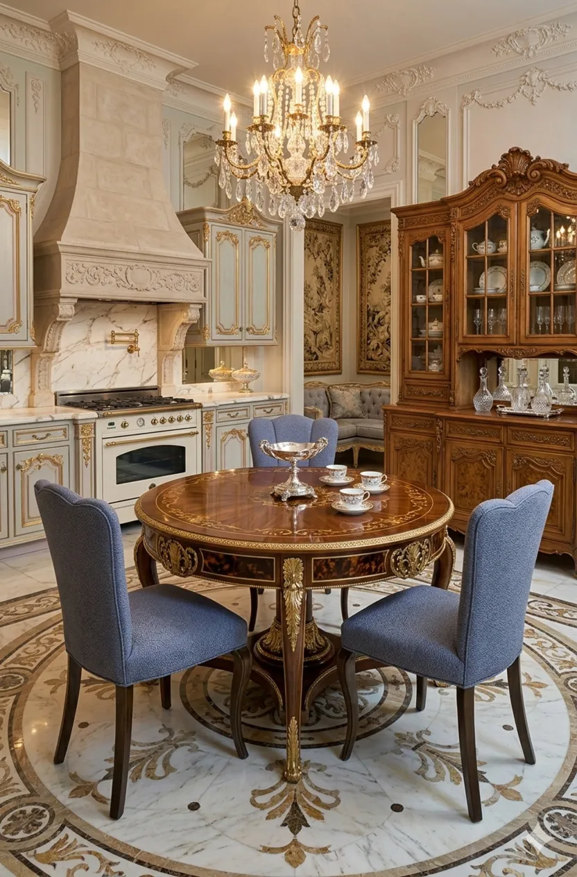 Tres sillas antiguas con un diseño clásico, colocadas alrededor de una mesa redonda. Ambiente elegante y acogedor.