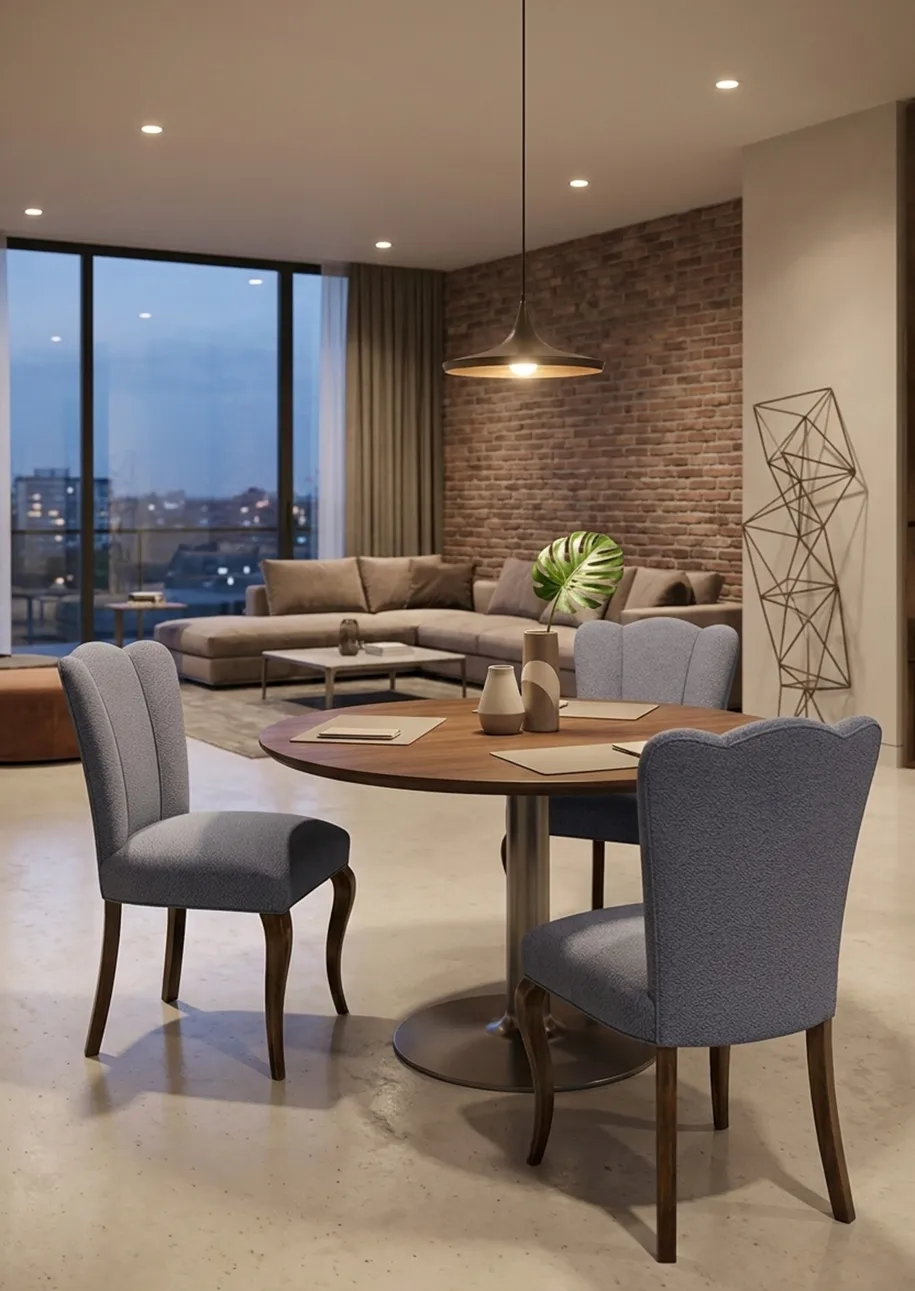 Três cadeiras antigas com design elegante em ambiente moderno.