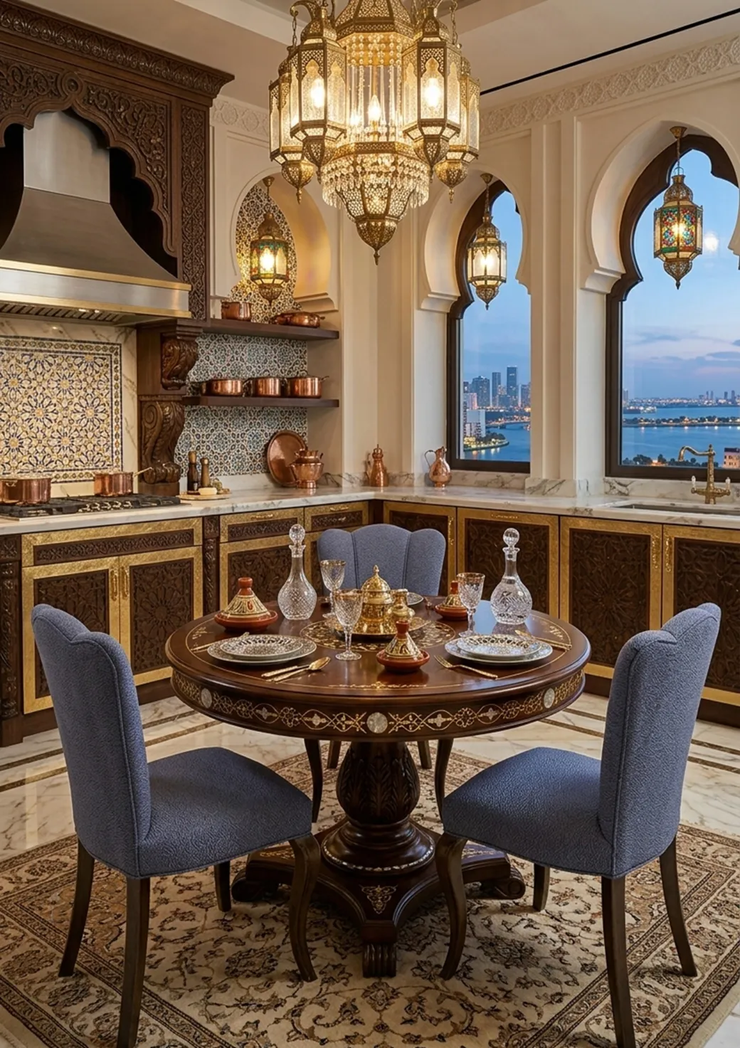 three antique chairs in a decorative dining area with Arabic details
