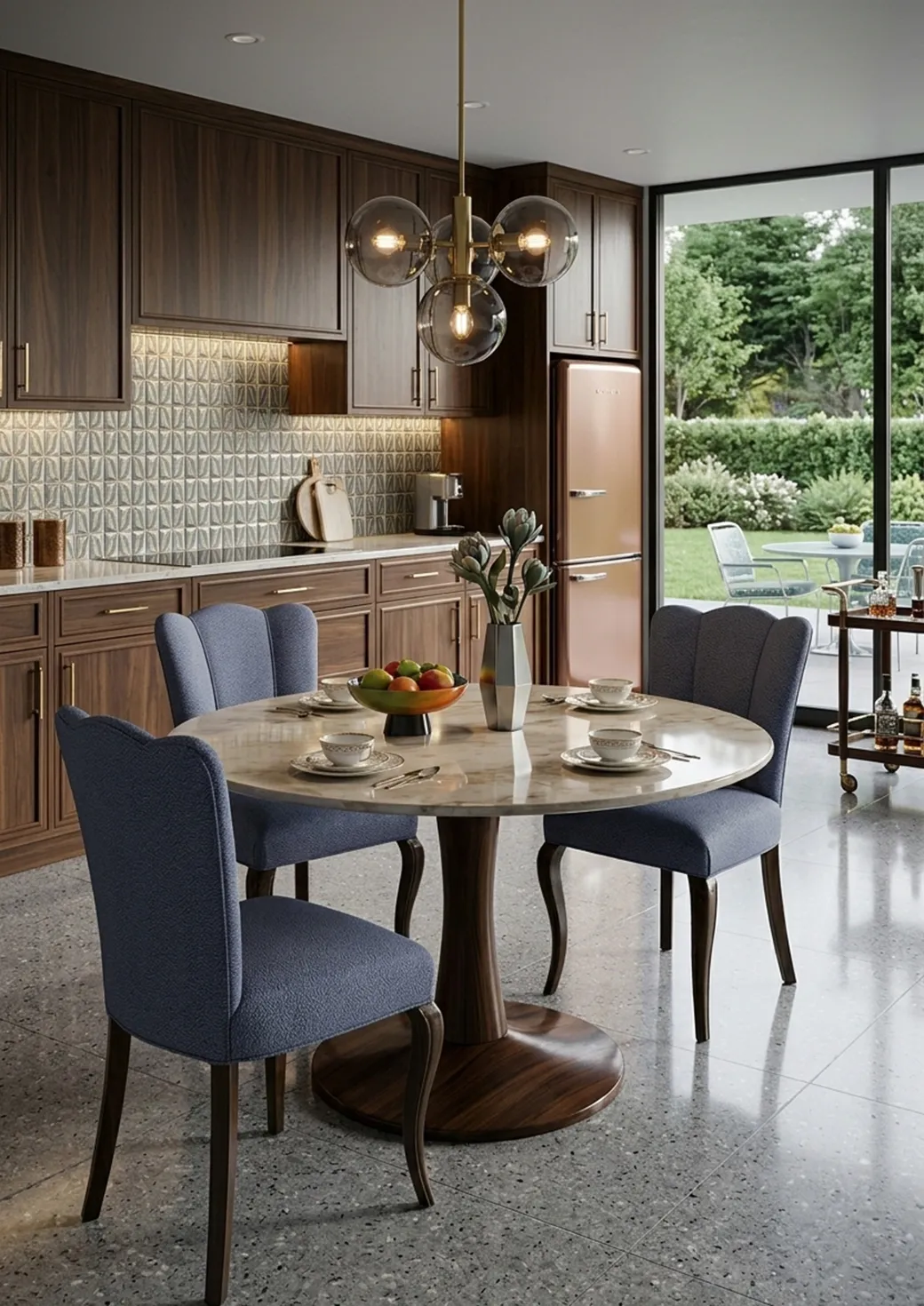 três cadeiras antigas com design elegante ao redor de uma mesa moderna