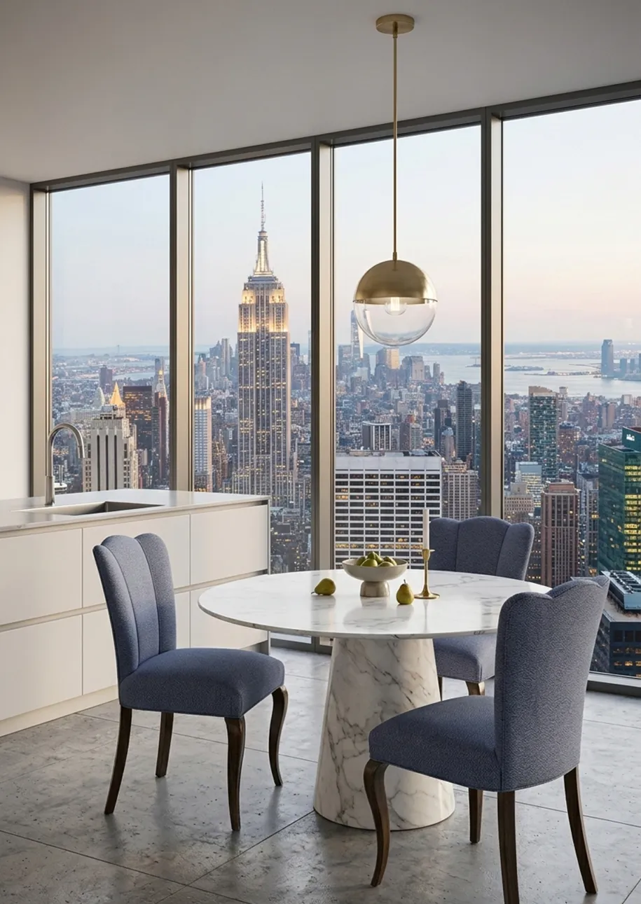 Tre sedie antiche con design curvo e rivestimento blu, circondate da un ambiente moderno