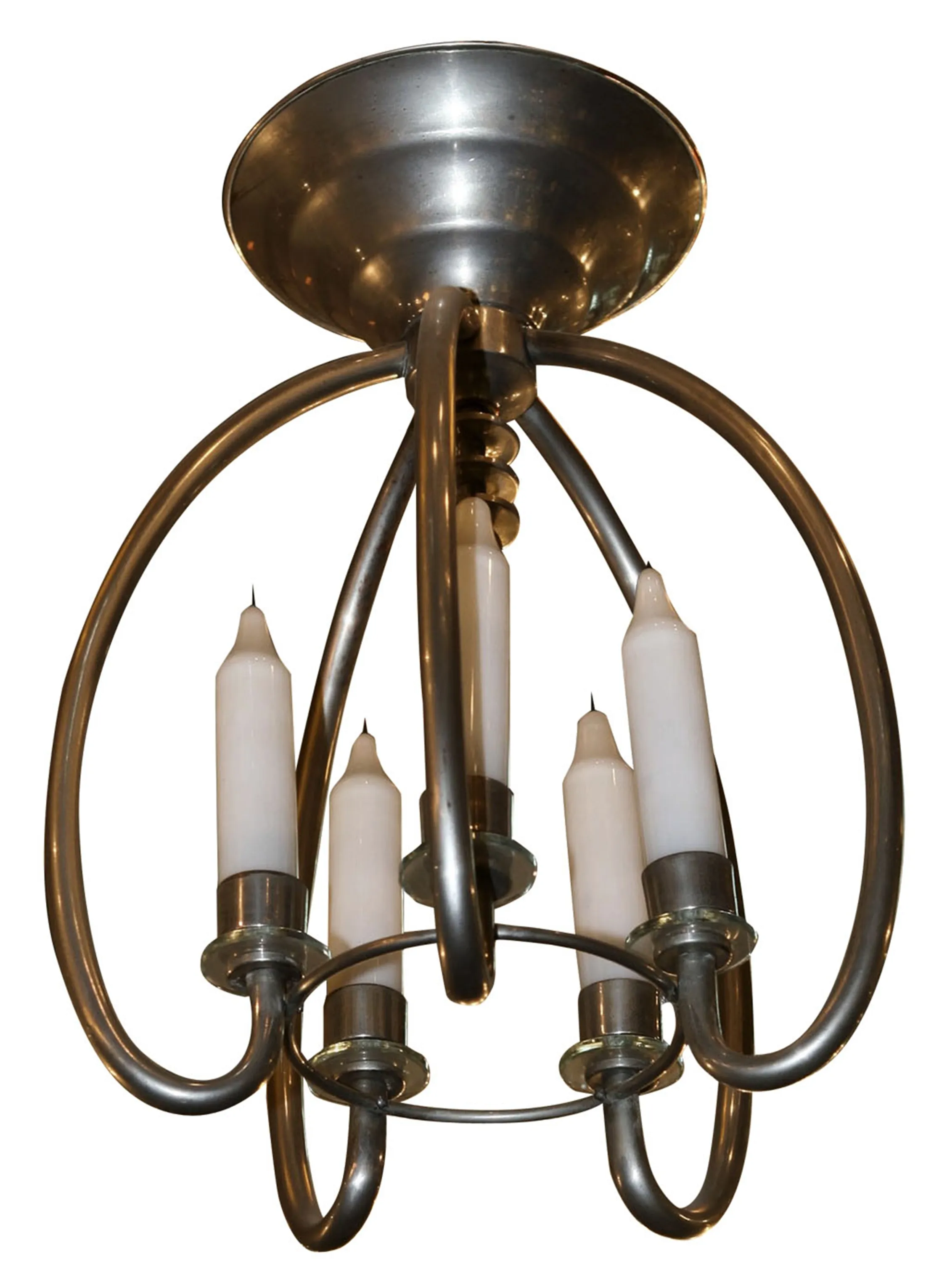 Antique hanging lamp with four white lights creating a cozy atmosphere
