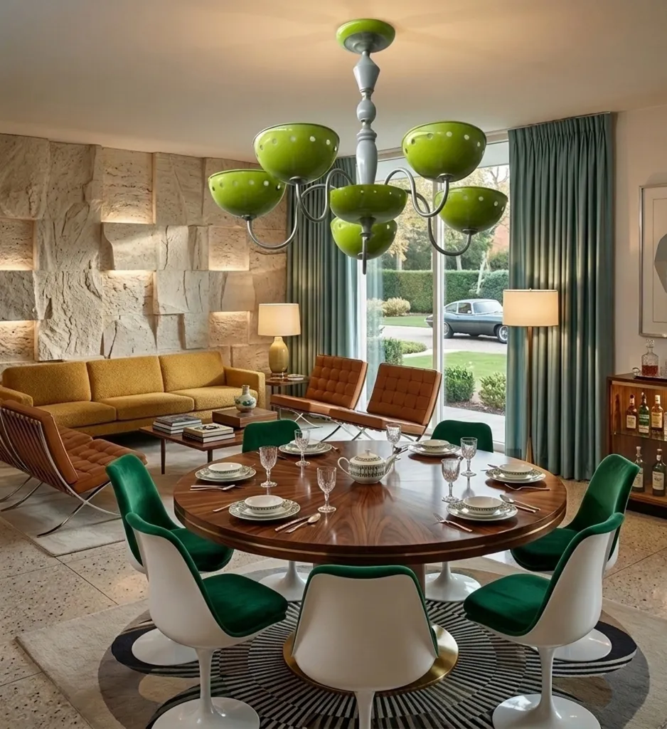 antike Hängelampe in grüner Farbe über einem modernen Wohnzimmer