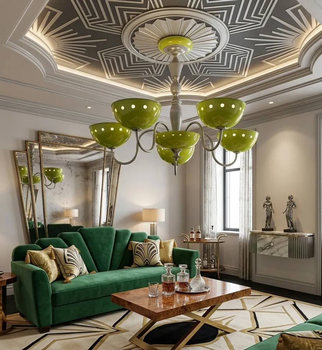 Lustre antigo com cor verde vibrante, cercado por um ambiente elegante